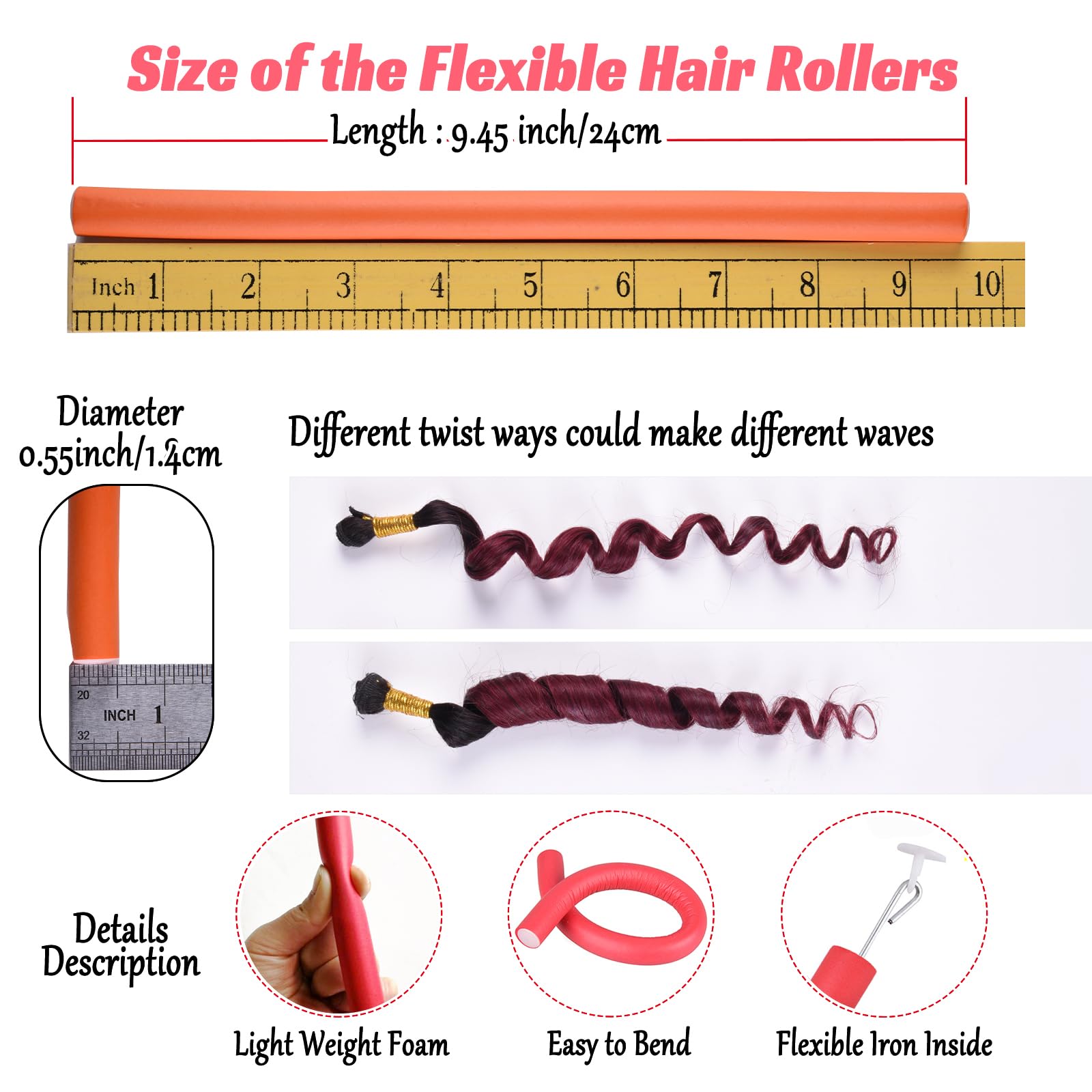 Royota 30Pcs 9.45'' Flexible Curling Rods,Heatless Twist Soft Foam Hair Rollers Home Use For Women Girls Long And Short Hair To