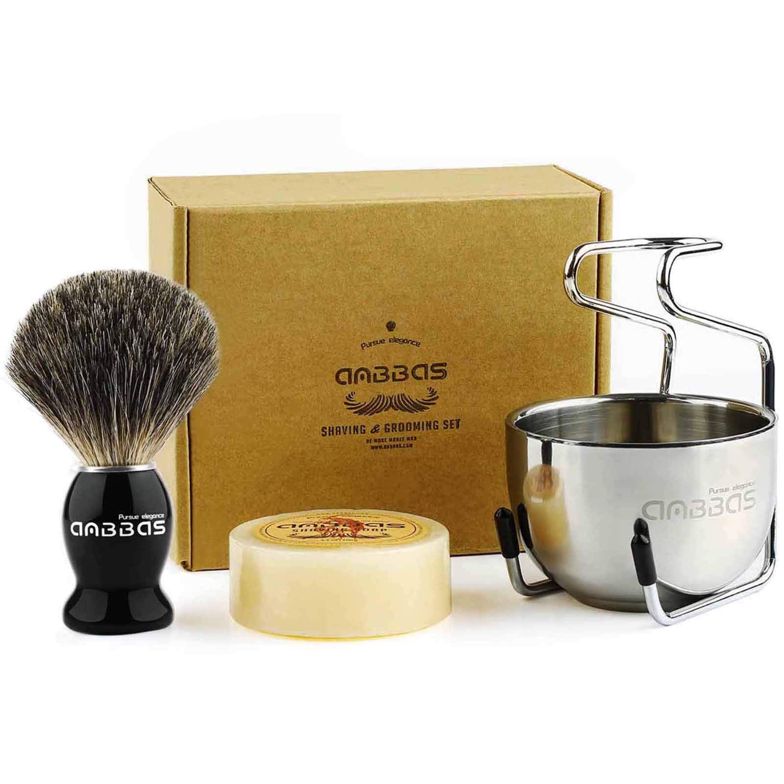 Anbbas Pure Badger Bristles Shaving Brush Black Wood Handle and Refill Soap Bar 100g,Stainless Steel Shaving Stand and Soap Cup 