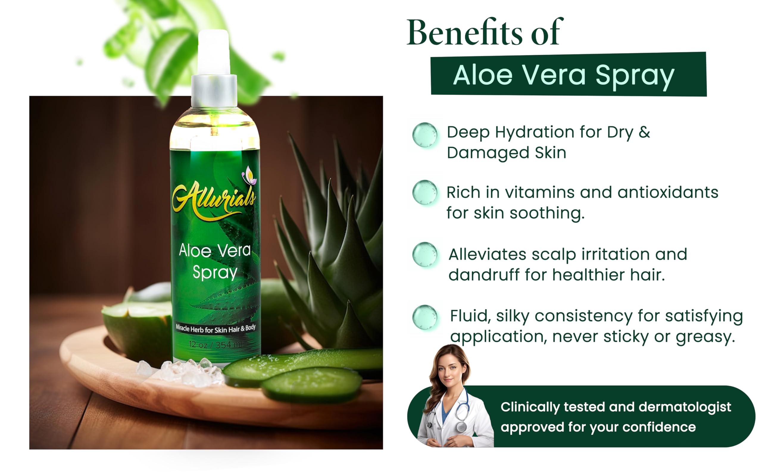 Allurials 100% Pure & Organic Aloe Vera Spray, Clinically Tested & Dermatologist Approved, Hydrates & Heals Dry & Damaged Skin &