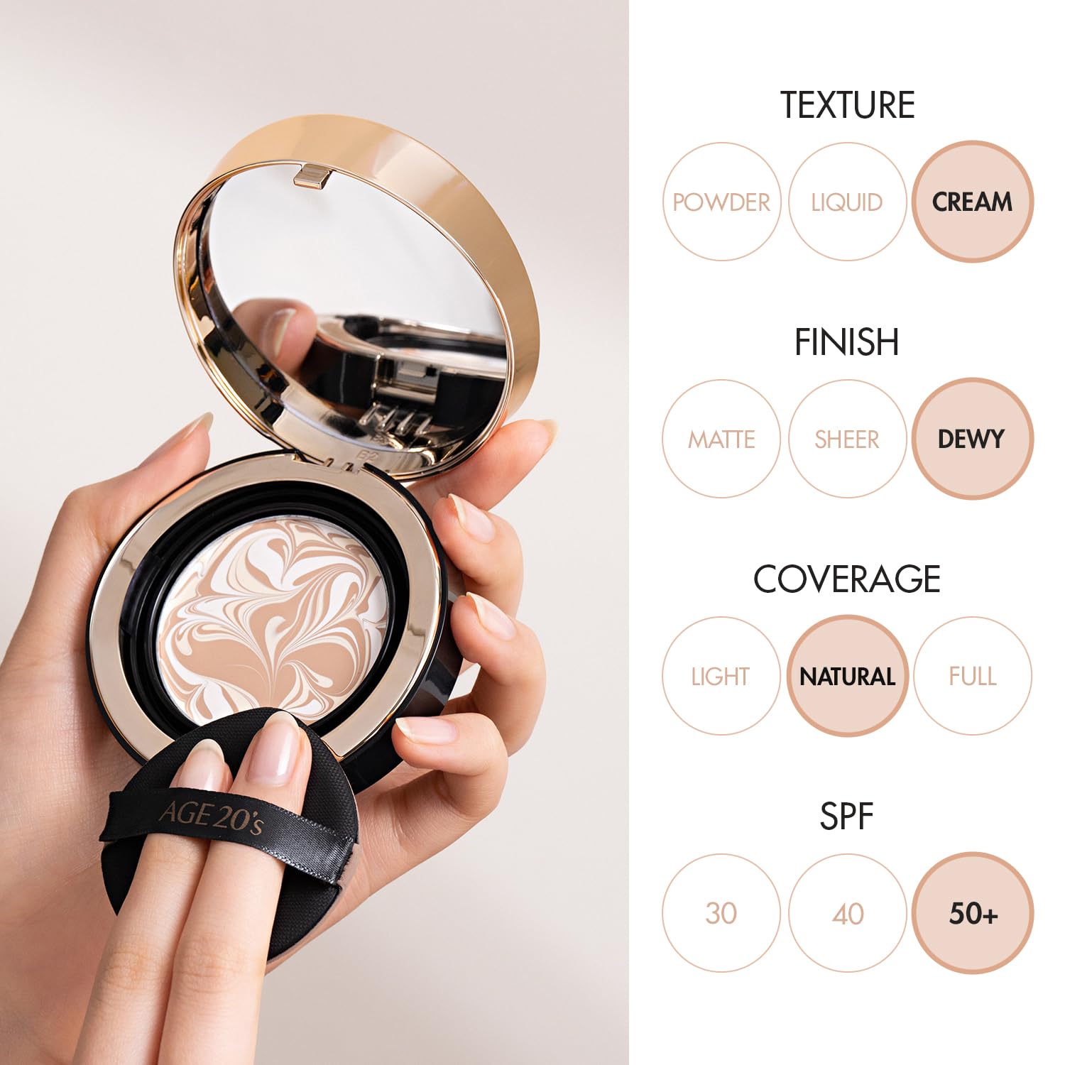 AGE 20's Signature Essence Pact SPF 50+ - 25N Sand, 0.49 oz Cream Foundation, Dewy Finish, Natural Coverage, Korean Cushion