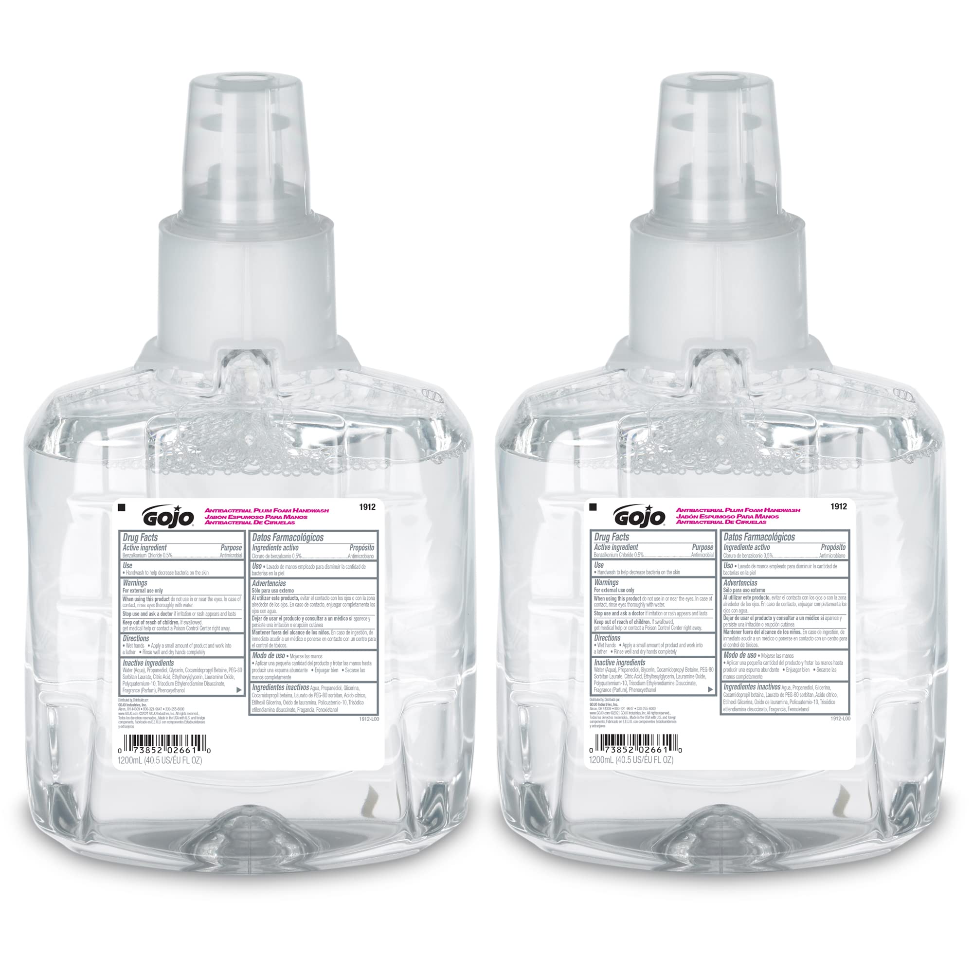 Gojo Antibacterial Foam Handwash, Plum Fragrance, 1200 Ml Foam Hand Soap Refill Ltx-12 Touch-Free Dispenser (Pack Of 2) - 1912-0
