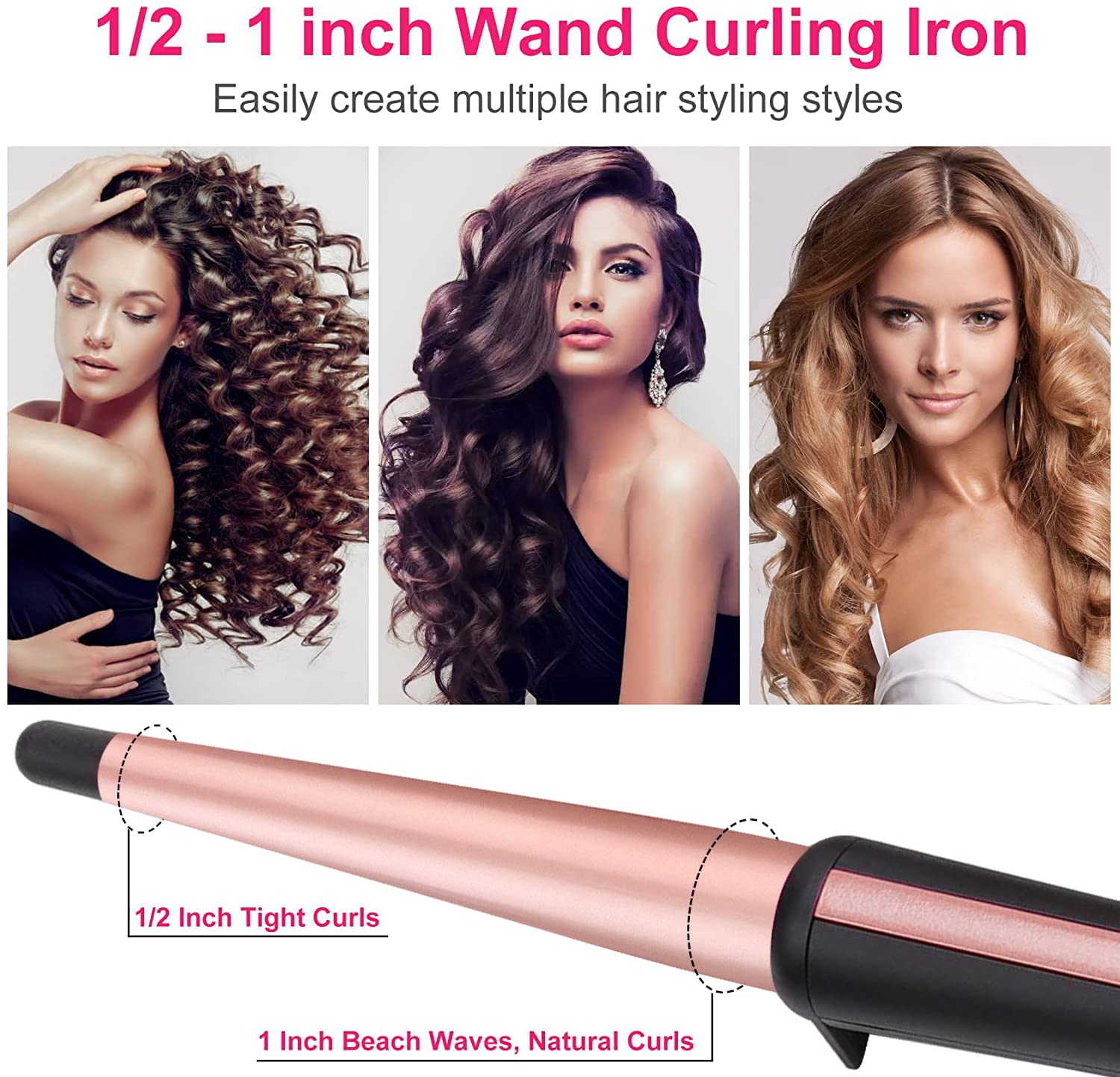 Hair Curling Wand, 0.5-1Inch Tapered Curling Iron, Professional Ceramic Hair Curler Wand With Heat-Resistant Glove, Dual Voltage