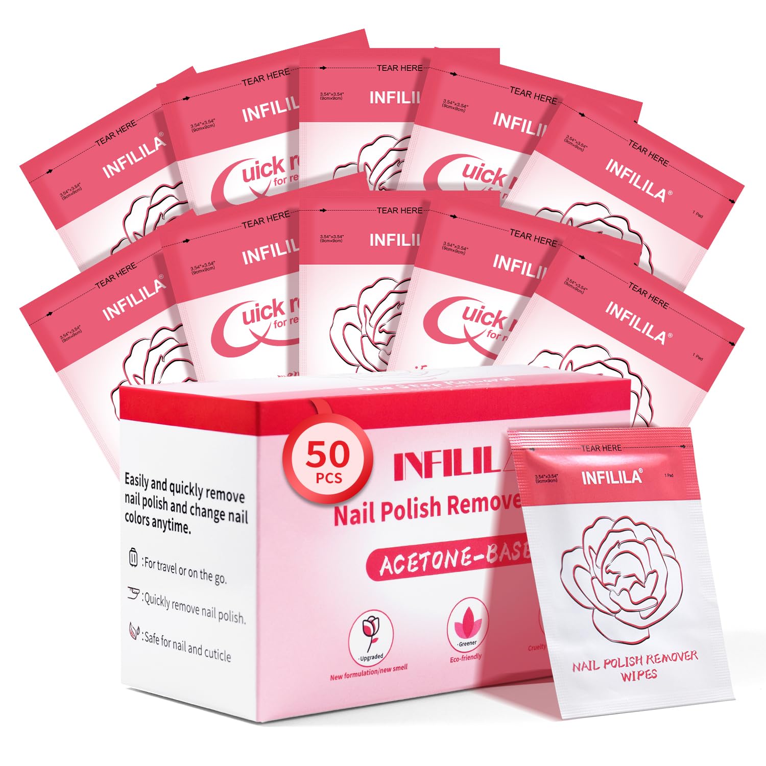 NXJ INFILILA Nail Polish Remover Pads, 2024 Newest Acetone Nail Polish Remover, 50PCS Quick Nail Polish Remover Wipes, Individua
