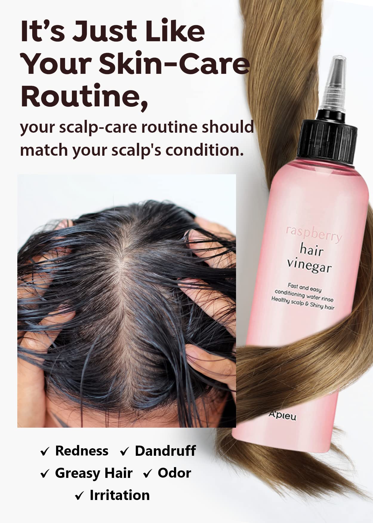 A'Pieu Raspberry Hair Vinegar Rinse Refill 13.6 Fl Oz - Scalp Treatment For Balanced Ph, Shiny Hair | Korean Hair Care I Clarifi