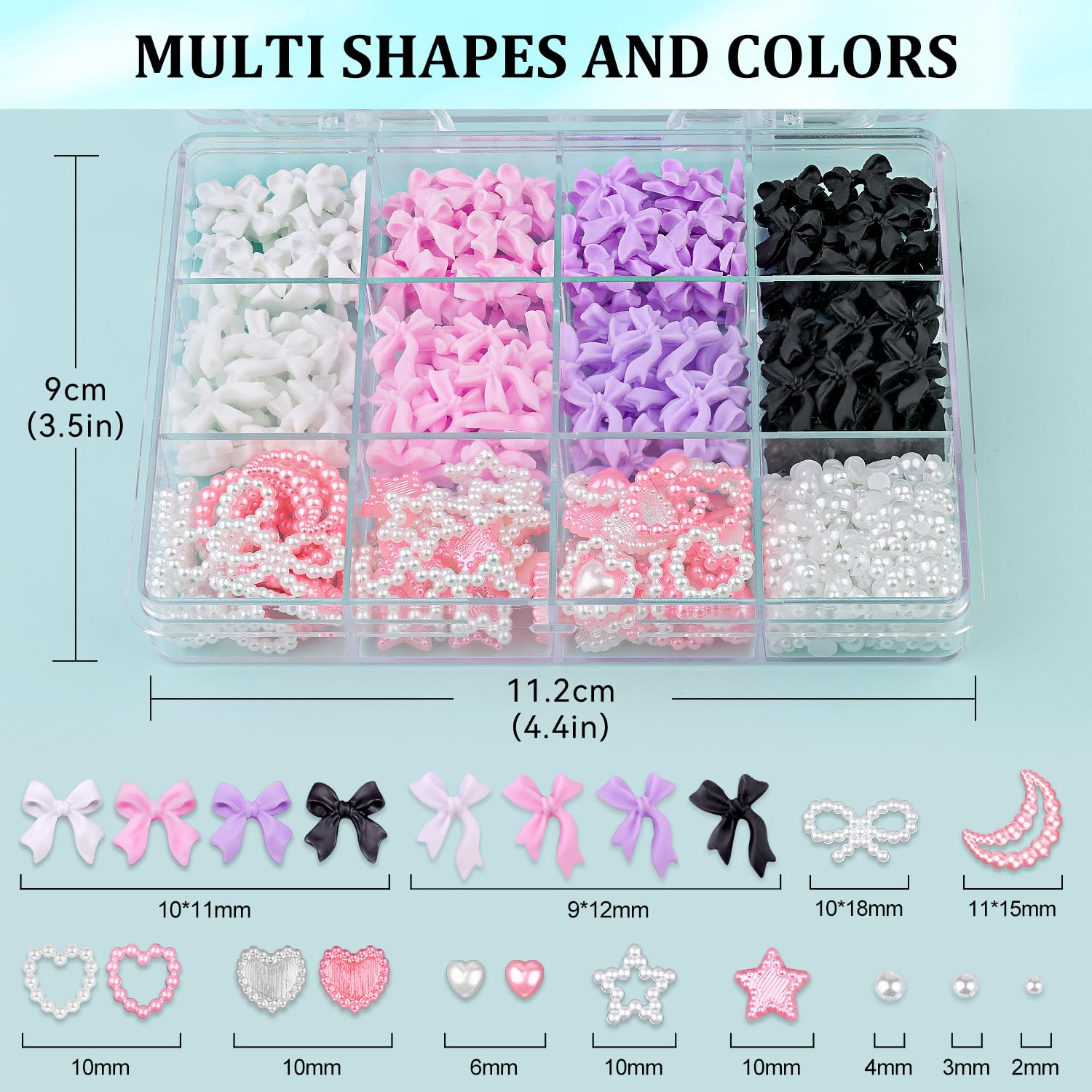 600 Pcs 3D Nail Charms And Flatback Pearls #7, 4 Colors Bow + Pink&White Star Heart Moon Cute Charms + 2-6Mm White Pearls For Na