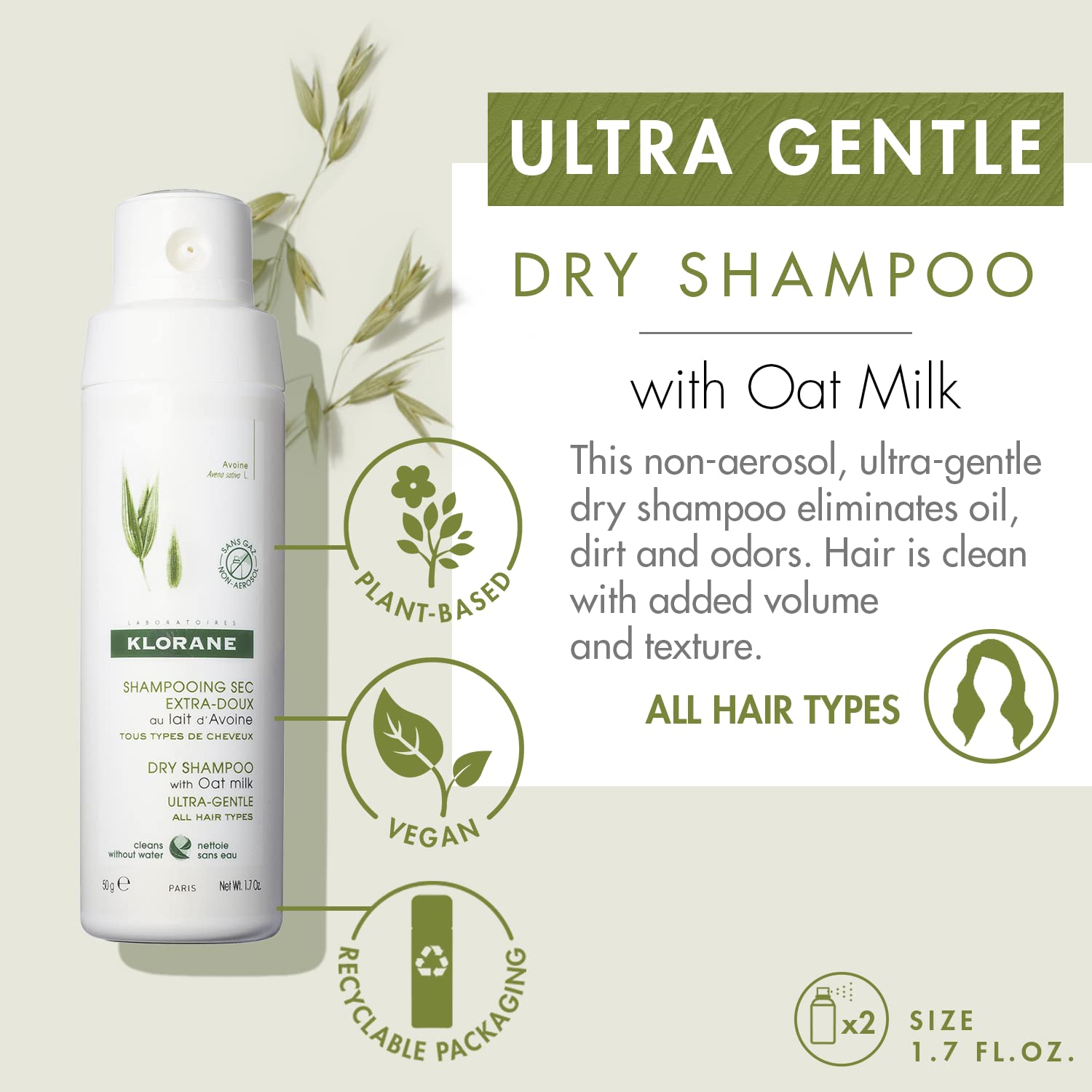 Klorane Dry Shampoo With Oat Milk, Non-Aerosol, Loose-Powder, All Hair Types, Ultra Gentle, No White Residue, Paraben & Sulfate-