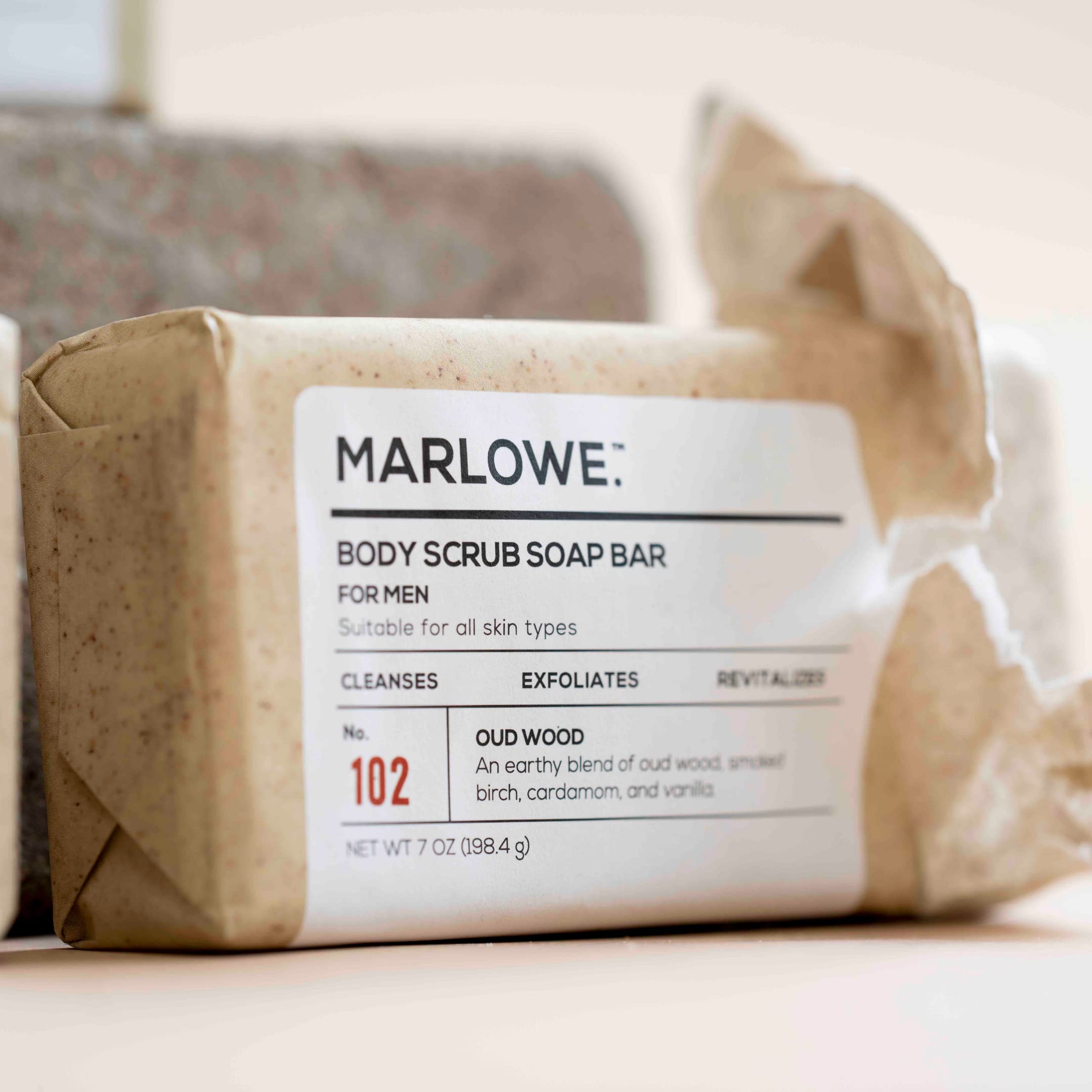 Marlowe. No. 102 Men'S Body Scrub Soap 7Oz (3 Bars) Earthy Oud Wood Scent, Best Exfoliating Bar, Made With Natural Ingredients,