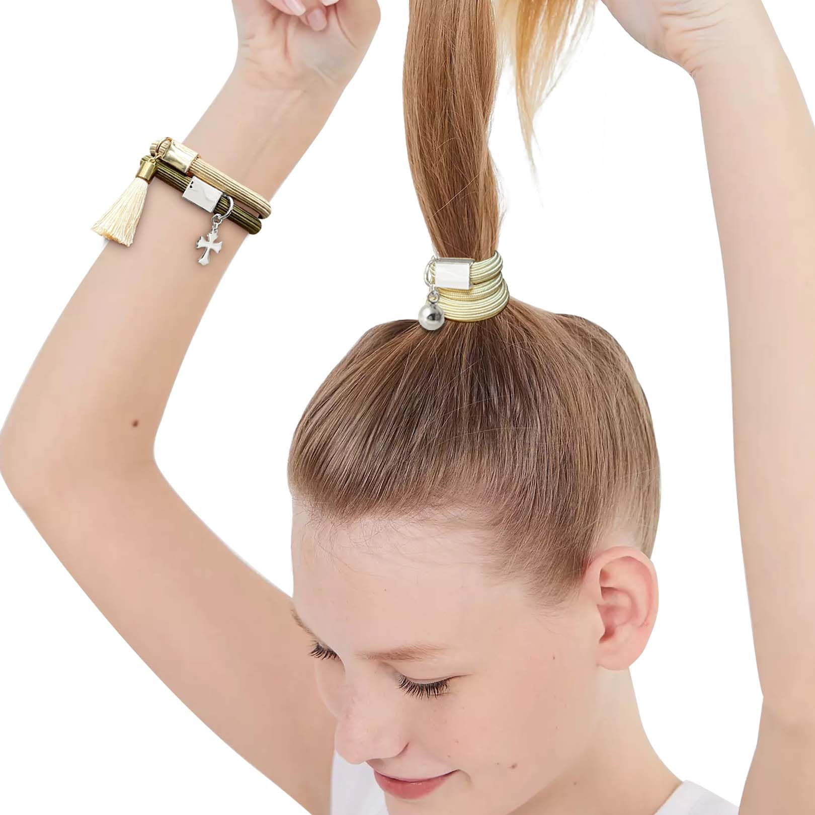 Hair Tie Bracelets With Silver Charm For Women - 8Mm Thick Elastic No-Damage Holders For Cute High Ponytails