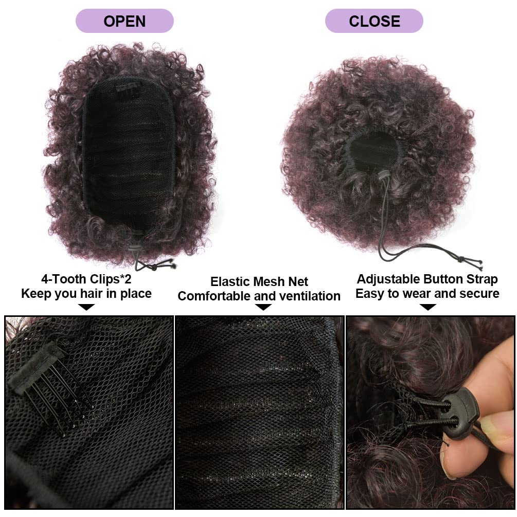 YEAME Afro Puff Drawstring Ponytail for Black Women, Ombre Burgundy Kinky Curly Synthetic Hair, 1 Count