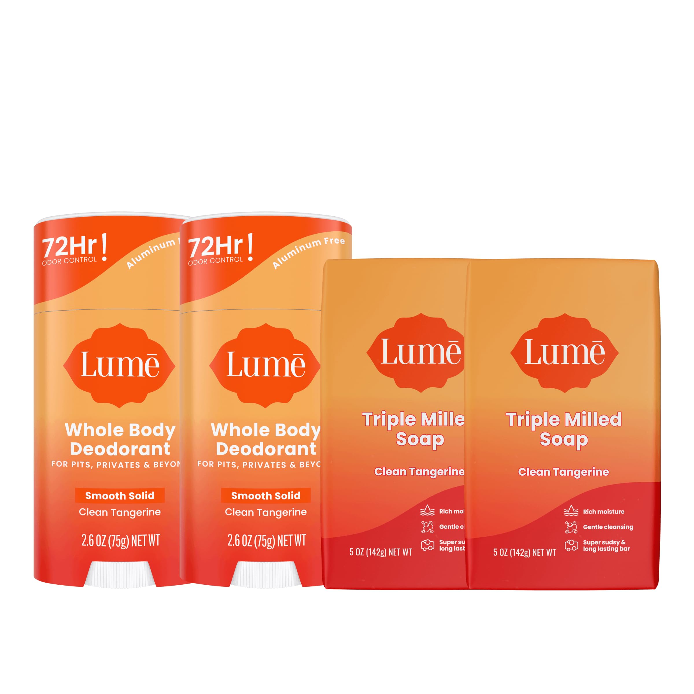 Lume Whole Body Deodorant And Soap - 2.6 Ounce Solid Stick With 72 Hour Odor Control (Pack of 2) and 5 Ounce Triple Milled Soap 