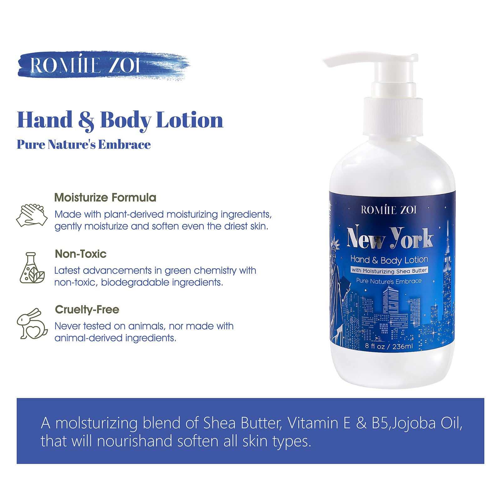 Romiie Zoi Daily Hand & Body Lotion With Moisturizing Shea Butter - New York With The Scent Of Wood Sage & Sea Salt - 236 Ml / 8