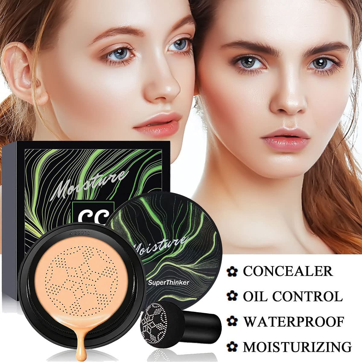 Air Cushion Cc Cream Mushroom Head Foundation, Moisturizing Bb Cream Makeup Long Lasting Matte Concealer (Buff Beige)