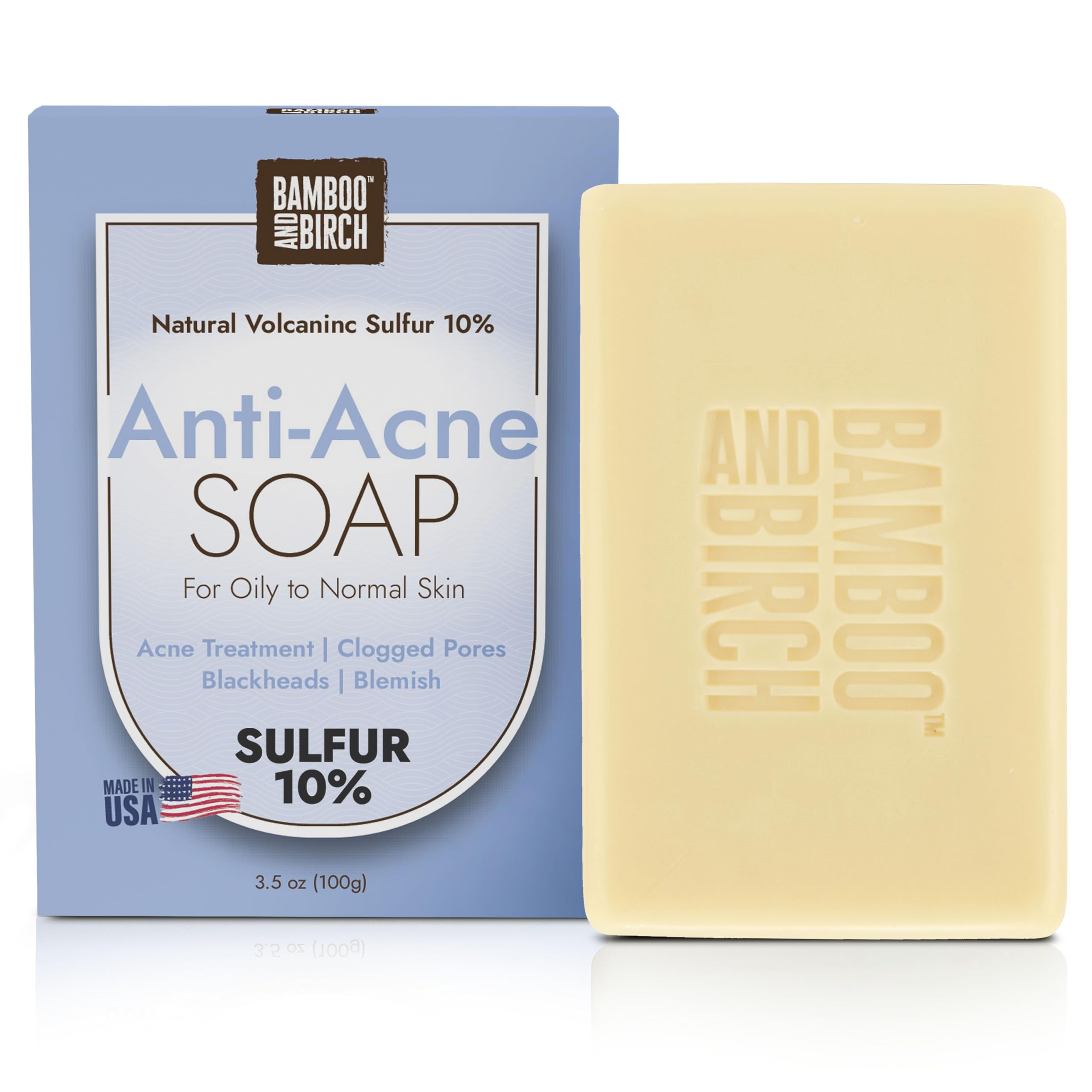 BAMBOO AND BIRCH Sulfur Soap Bar, Face and Back Acne Treatment, Sulfur 10%, 3.5 Oz Acne Soap Bar with Salicylic Acid Helps You R