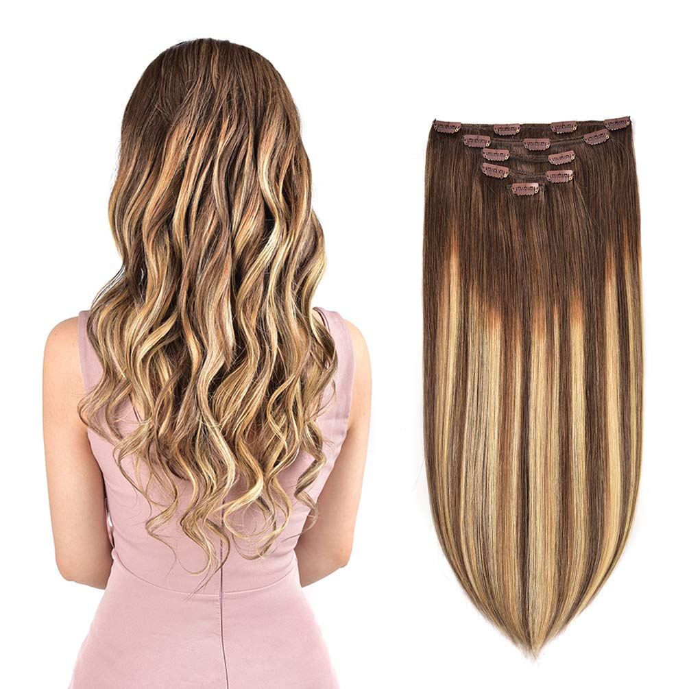 5 Pieces 14'' Remy Clip in Hair Extensions Human Hair Light Brown to Dirty Blonde Highlight Brown Ombre - Silky Straight Short T