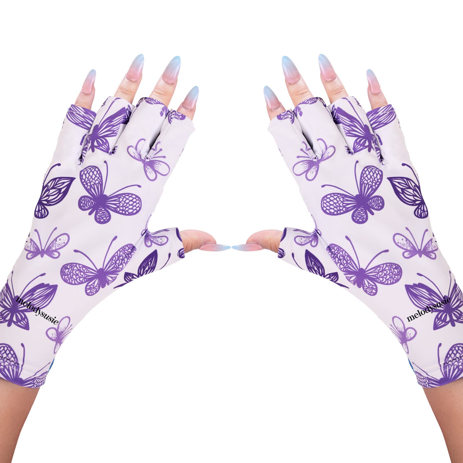 MelodySusie Anti UV Gloves for Gel Nail Lamp, Professional Protection Gloves for Manicures, Purple Butterfly UV Shield Gloves, N