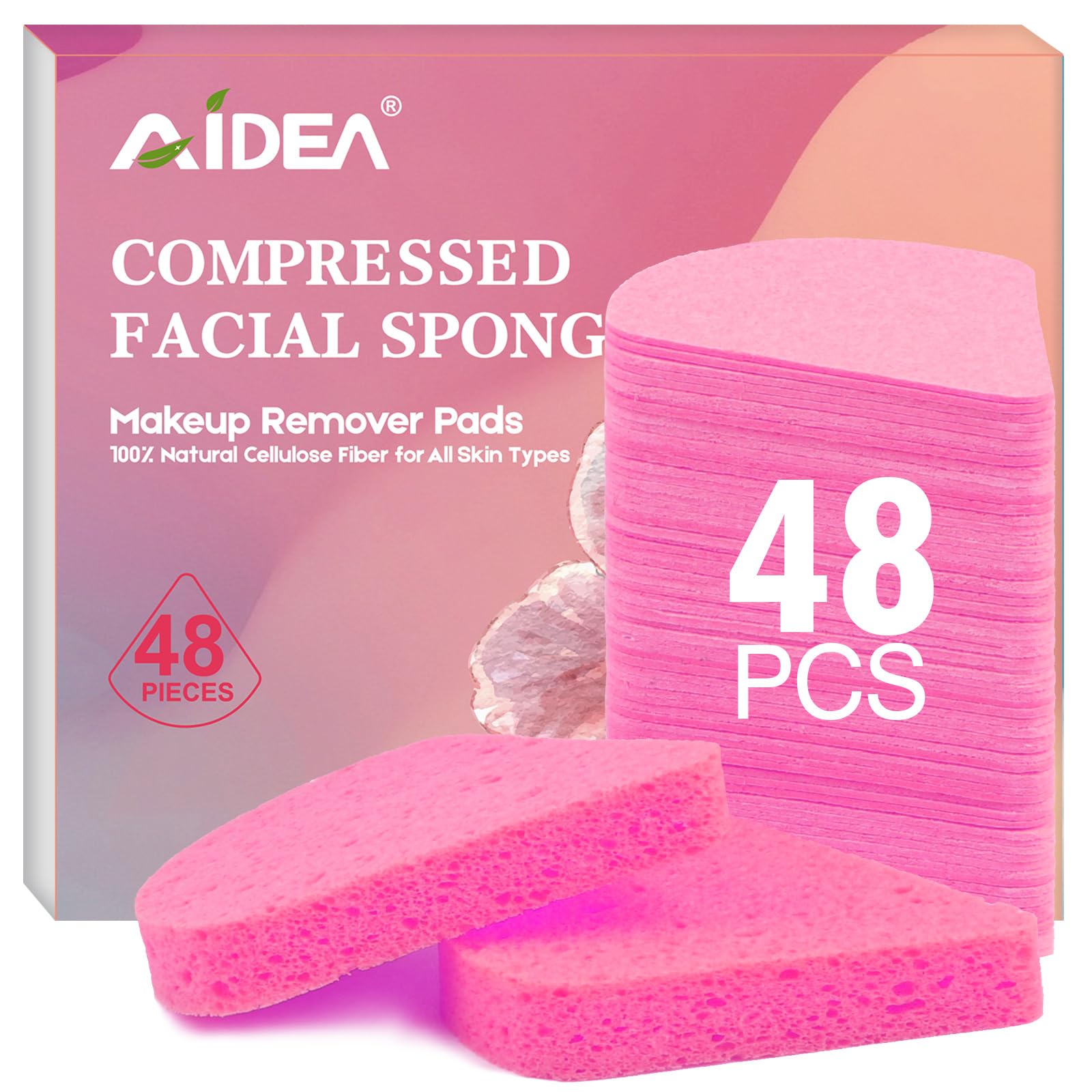 48Count Pink Compressed Facial Sponges, AIDEA Disposable Face Sponges, Natural Cellulose Cosmetic Spa Sponges for Facial Cleansi