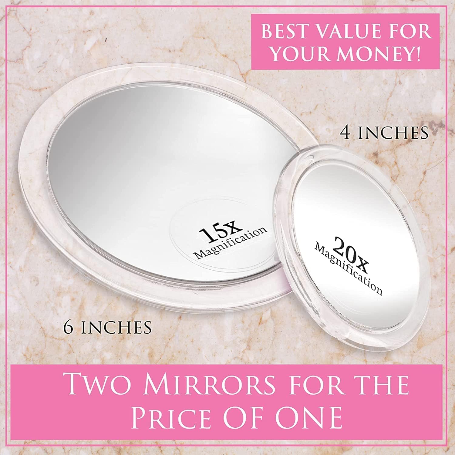 Mirrorvana 20X & 15X Magnifying Mirror Set With 3 Suction Cups Each - Compact & Travel Ready Mirror For Makeup - Sizes: 6'' And