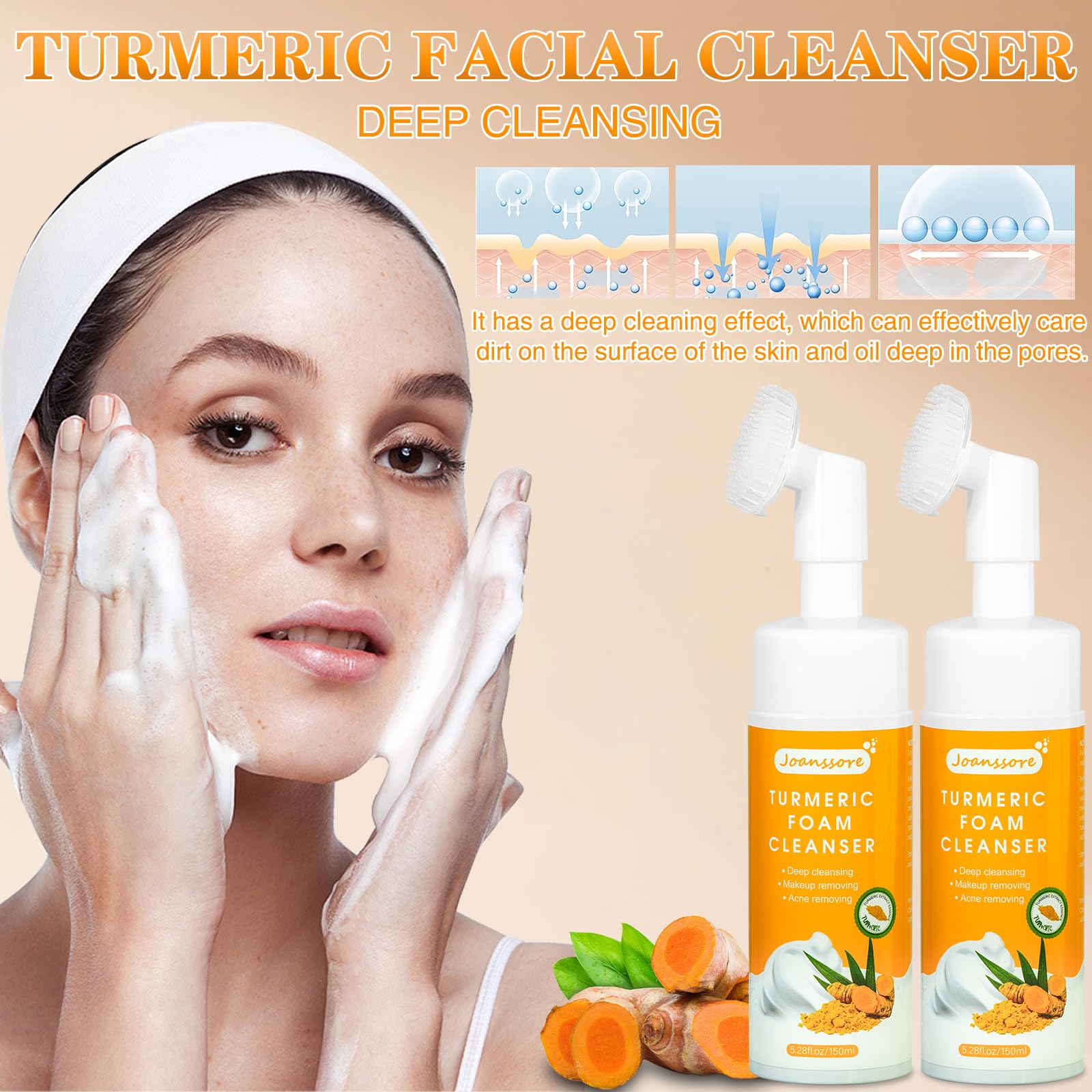 Joanssore 2Pcs Turmeric Facial Cleanser, Turmeric Face Wash, Turmeric Foaming Cleanser, Foaming Face Wash, Tumeric Face Wash, Tu