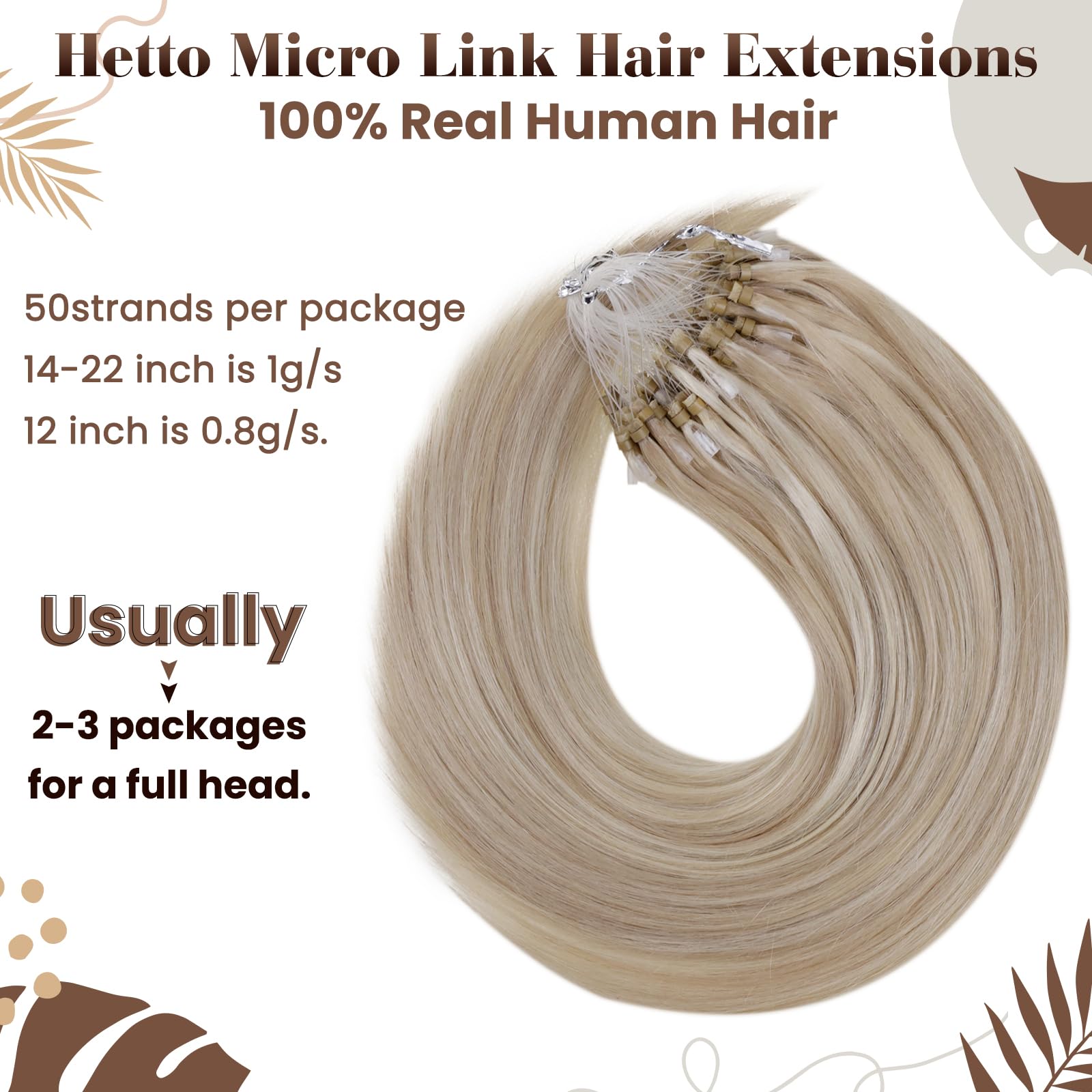 Hetto 22 Inch Micro Link Human Hair Extensions #18 Ash Blonde Highlight #613 Bleach Blonde Micro Loop Hair Extensions Real Human
