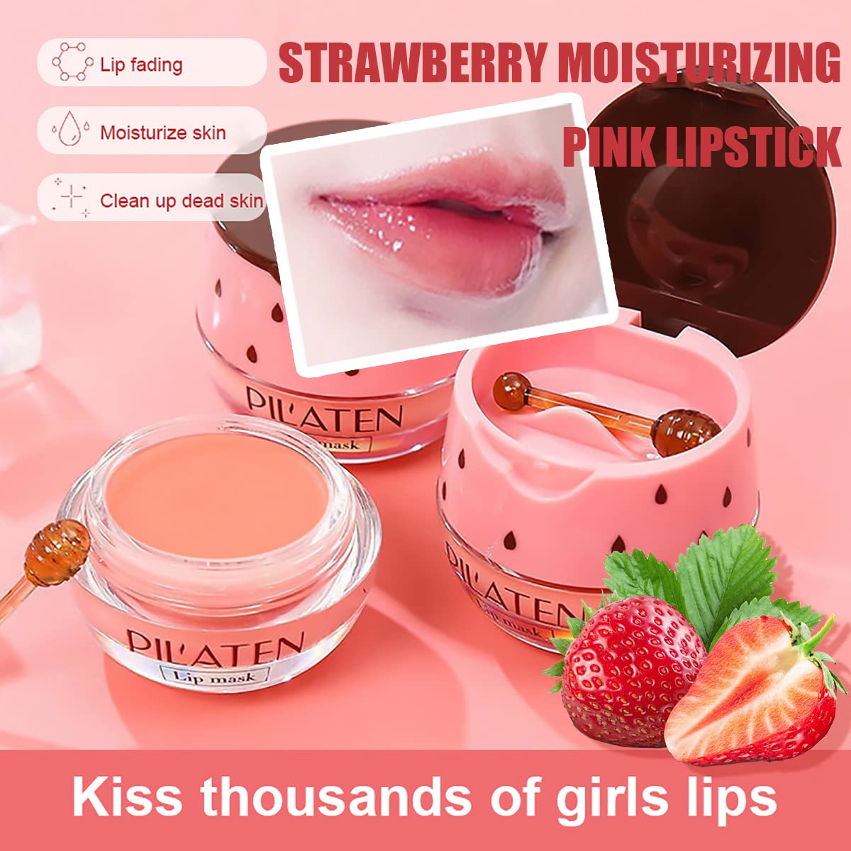 4Pcs Strawberry & Honey Lip Balm, Vitamin E Moisturizing Propolis Sleeping Lip Mask, Effective Reduces Lip Lines Prevention Dry