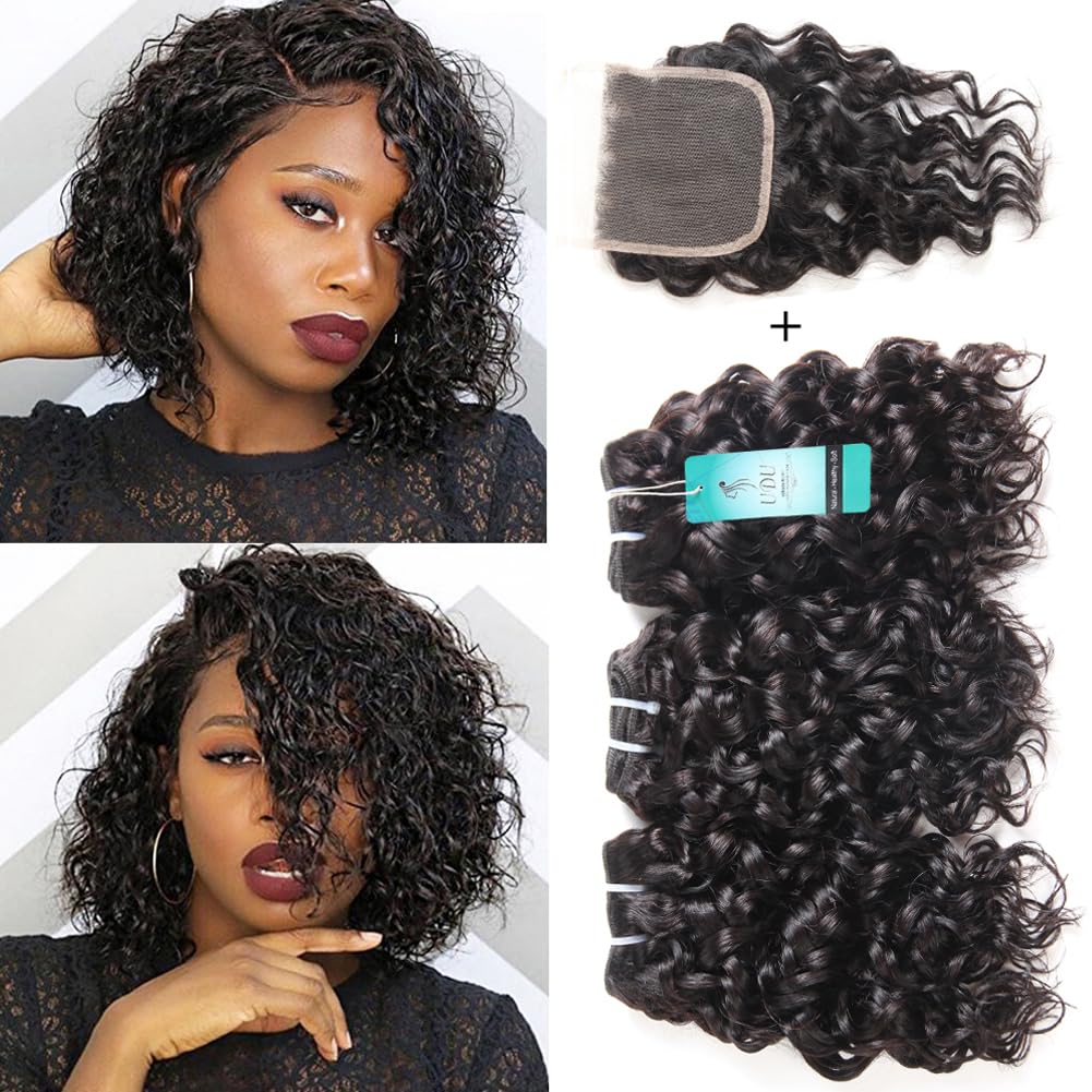 Malaysian Water Wave Bundles With Closure 12A Ocean Wave Wet & Wavy Human Hair Bundles With T Part Lace Closure 100% Human Hair