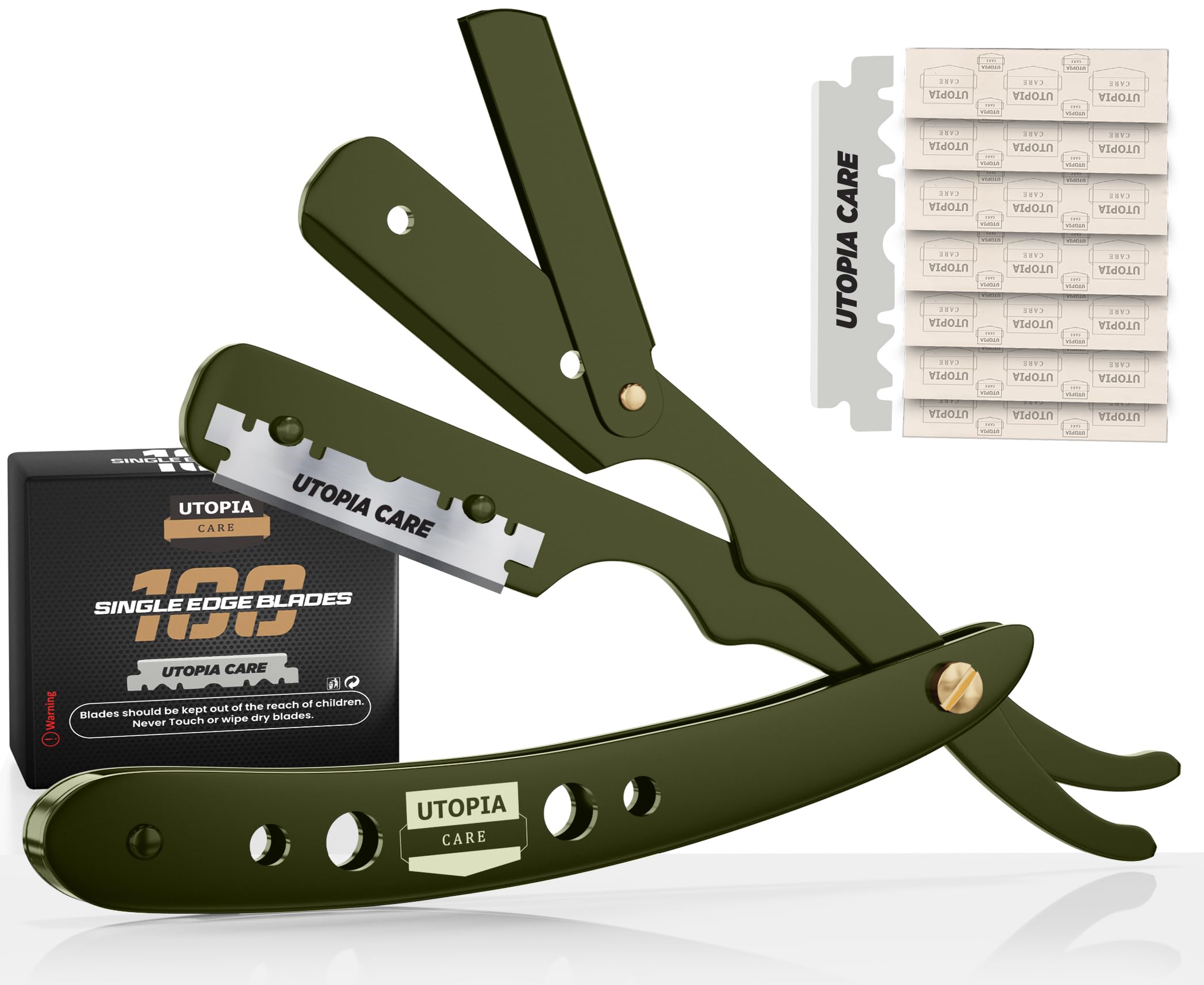 Utopia Care Professional Barber Straight Edge Razor Safety with 100-Pack Blades - 100 Percent Stainless Steel (Green)
