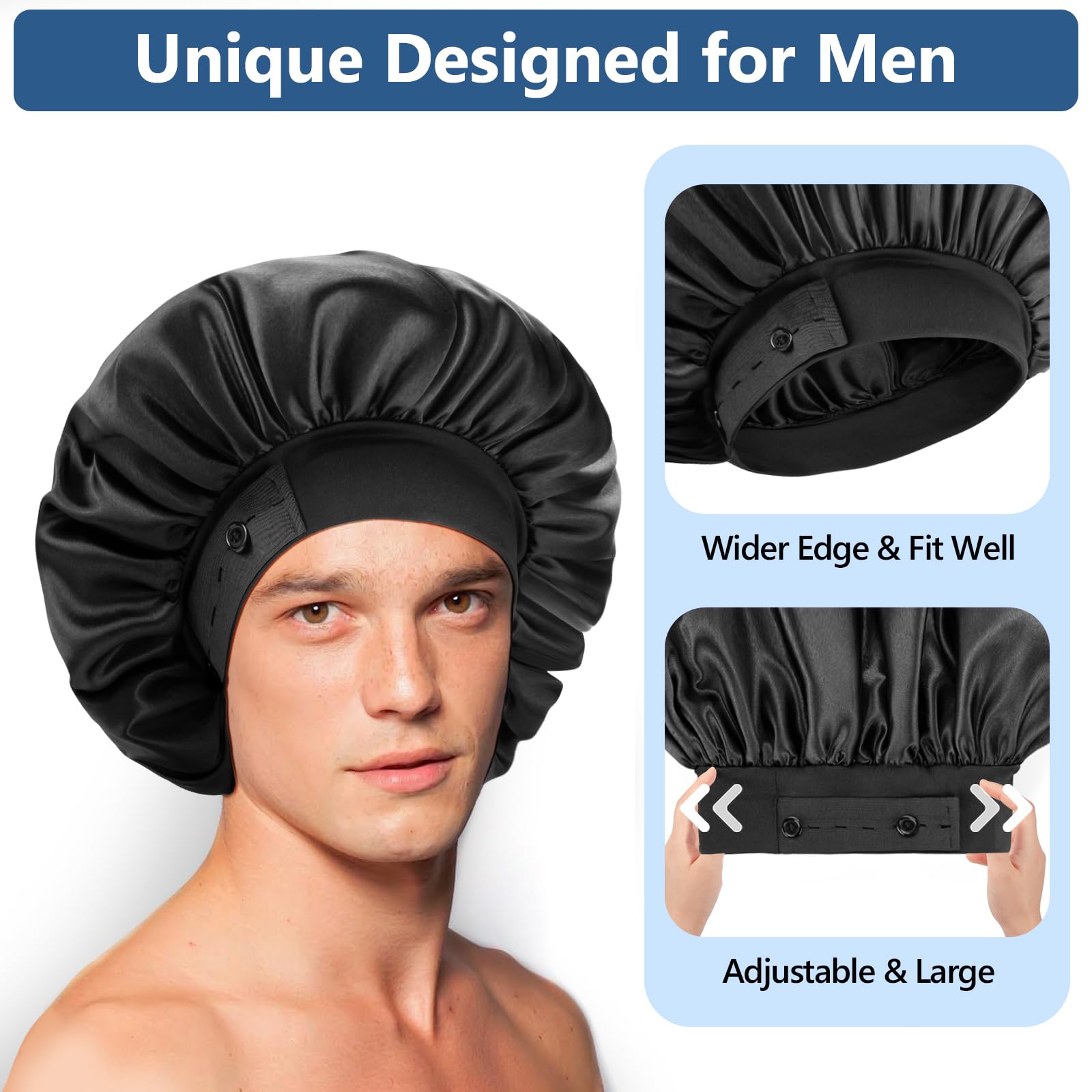Silk Bonnets For Men, Satin Bonnet For Sleeping, Adjustable Hem & Double Layer, Large Sleep Bonnet For Curly Hair Braids Stay On