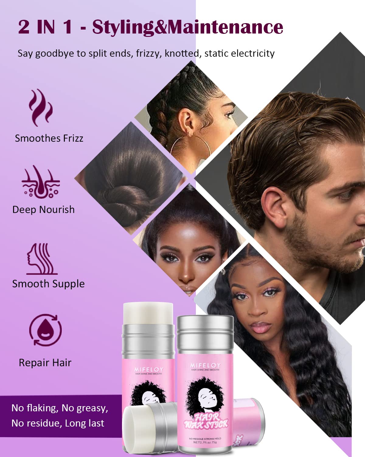 Pomade Taming Stick For Smoothing Frizzy Hair And Flyaways, Long Lasting Styling Cream Gel, Women'S Slick Back Hair Glue, 5 In 1