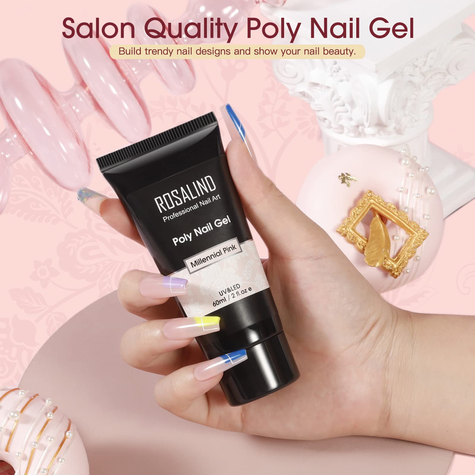Rosalind 60G Poly Nail Gel Millennial Pink Color, Pink Poly Extension Gel Jelly Color Poly Builder Nail Quick Building Acrylic N
