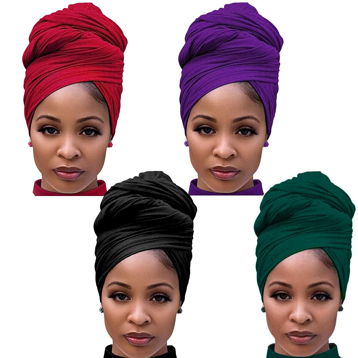 Youme 4 Packs Head Wrap Scarf Stretch Jersey Turban Extra Long Ultra Soft Urban Headwraps For Women Solid Color African Headwear