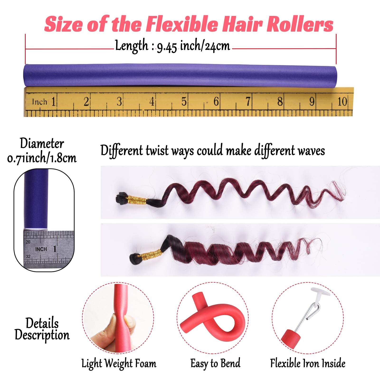 Royota 30Pcs 9.45'' Flexible Foam Curling Rods, Twist Heatless Hair Rollers For Women, Girls, Long And Short Hair, Sleep-In (0.7