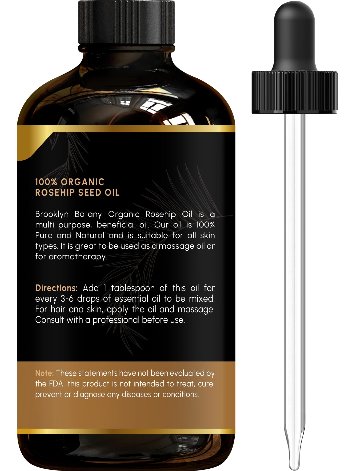 Brooklyn Botany Organic Rosehip Oil For Face, Skin And Hair - 100% Pure And Natural Organic Rosehip Seed Oil - Use As Carrier Oi