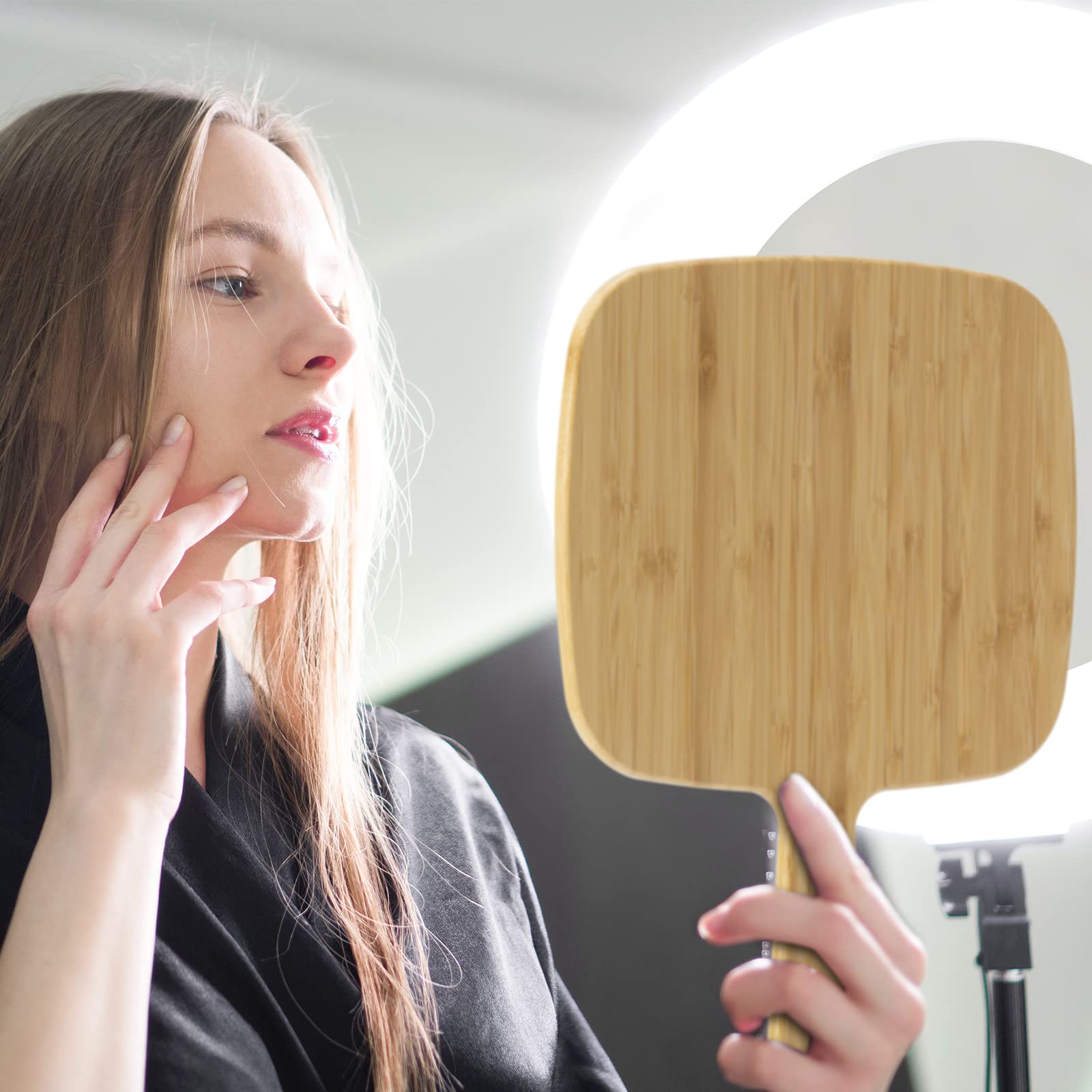Yeake Hand Mirror,Extra Large Natural Bamboo Handheld Mirror With Handle, Single-Sided Portable Travel Vanity Mirror For Men & W