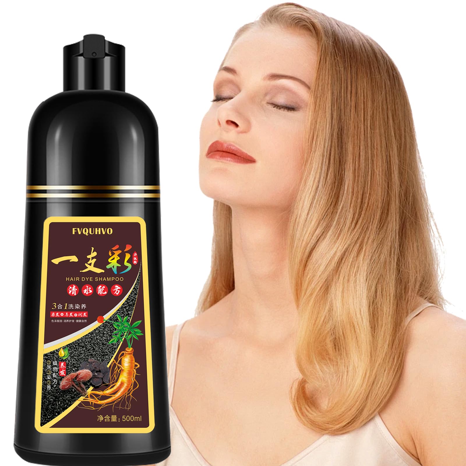 Instant Blonde Brown Hair Dye Shampoo 500ml for Men & Women, 3 in 1 Golden Color 100% Gray Coverage, Natural Dye in Minutes 17.6