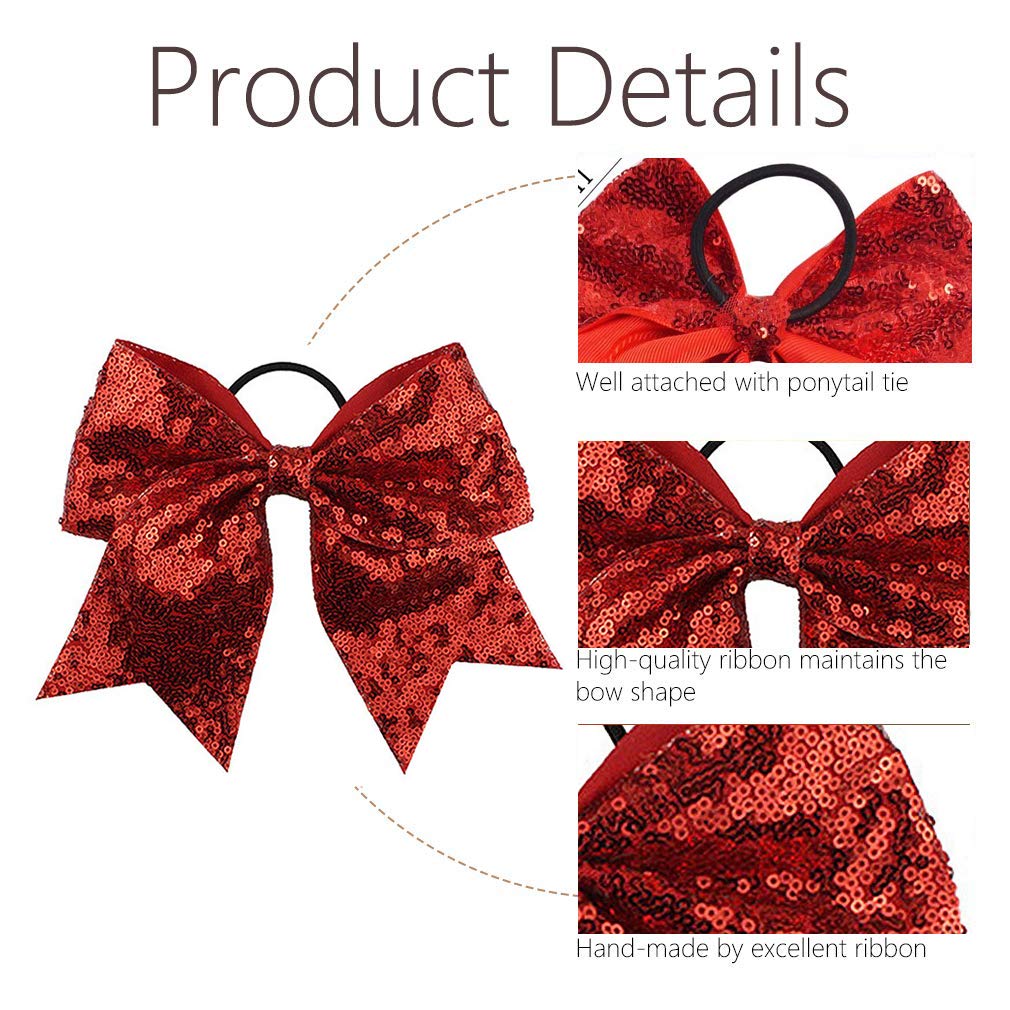 Oaoleer 12Pcs 7'' Large Glitter Cheer Hair Bows Ponytail Holder Elastic Band Handmade For Cheerleading Teen Girls Sports Red