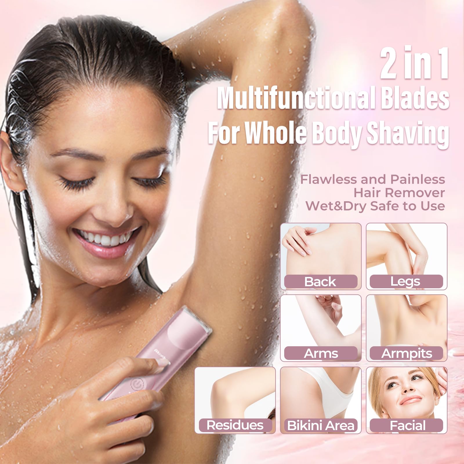 Akunbem 2 In 1 Women Electric Shaver Dual Head Bikini Trimmer For Women Ipx7 Waterproof Wet & Dry Use Body Hair Trimmer And Faci