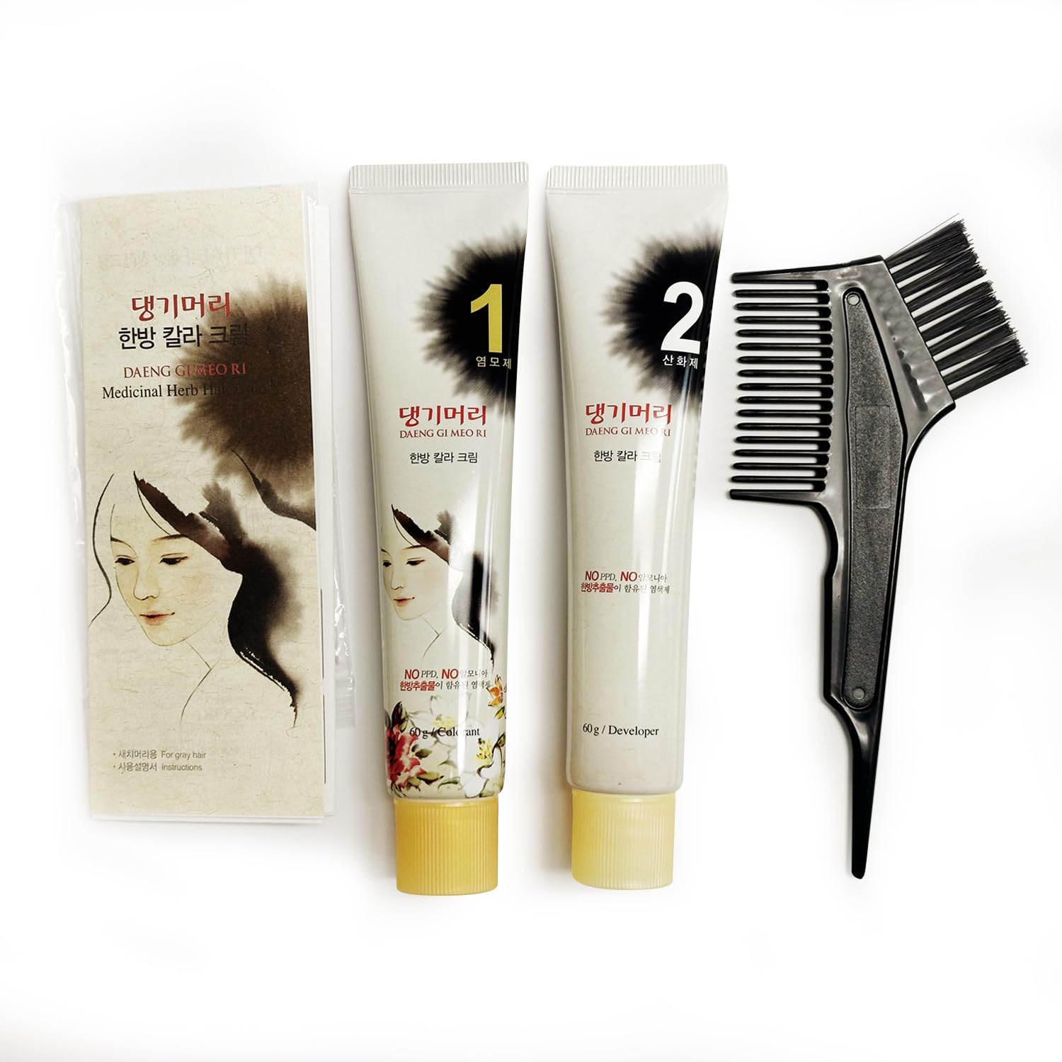 Daeng Gi Meo Ri - Korean Herbal Hair Dye Color Cream [Dark Brown] (2-Pack) - Ppd-Free Gray Coverage, Hair Protection, High-Kerat