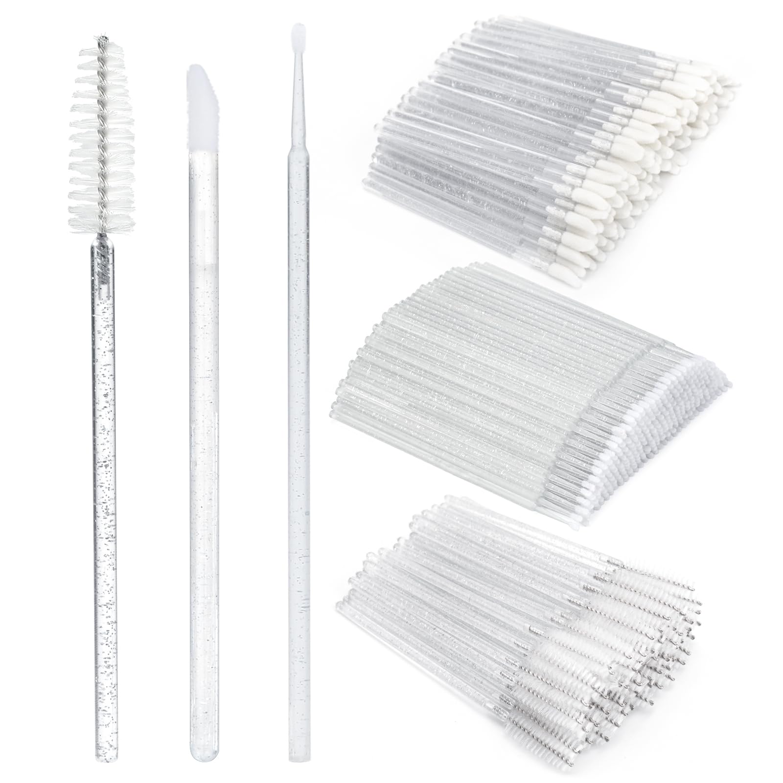 G2PLUS 300PCS Crystal Eyelash Extension Supplies Kit, 100PCS Disposable Lip Wands, 100PCS Mascara Brush Applicators, 100PCS Glit