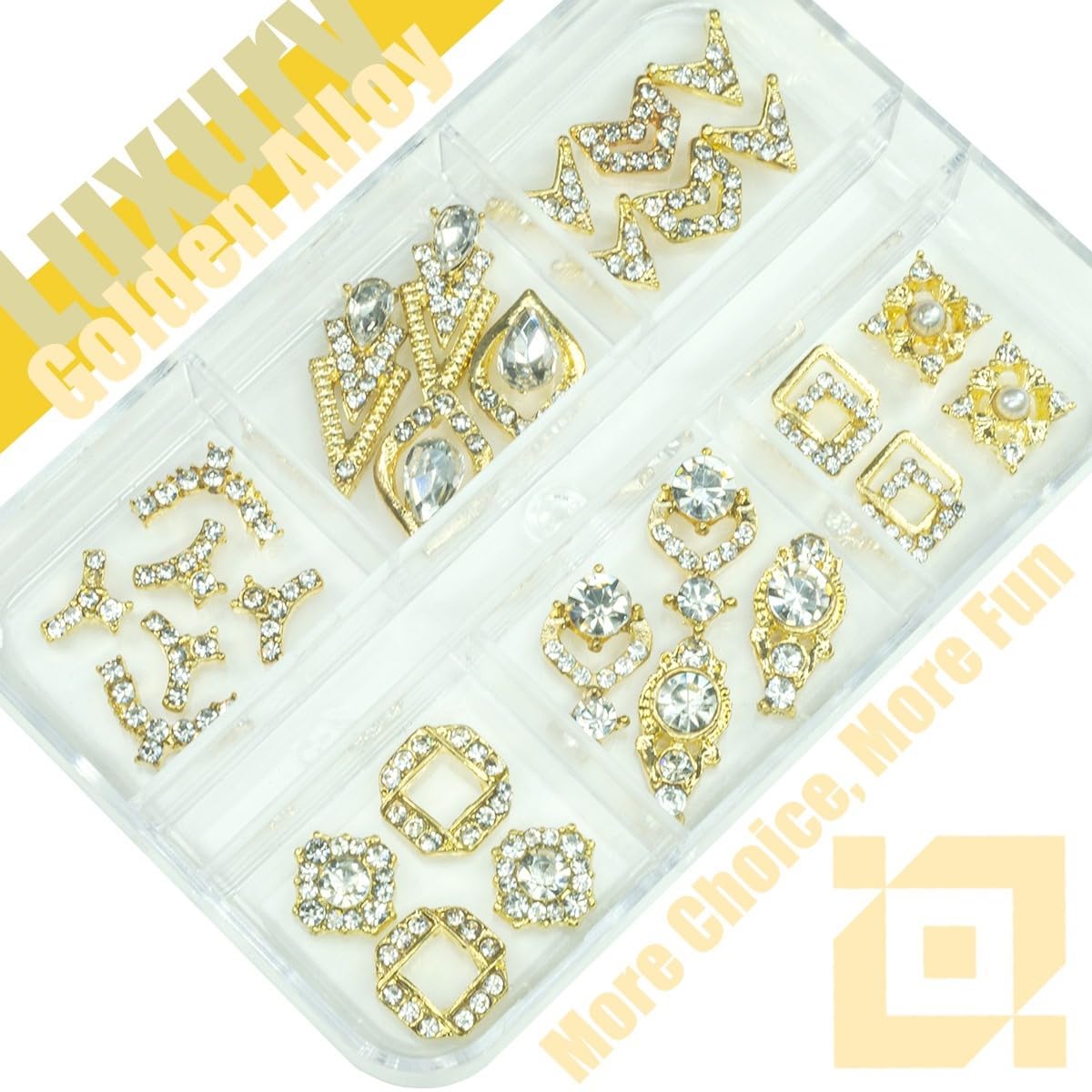 Qiipii 28Pcs Luxury Nail Charms Alloy Charms For Nails 14 Pair 3D Gold Nail Art Rhinestones Nail Gems Golden Nail Crystal Diamon