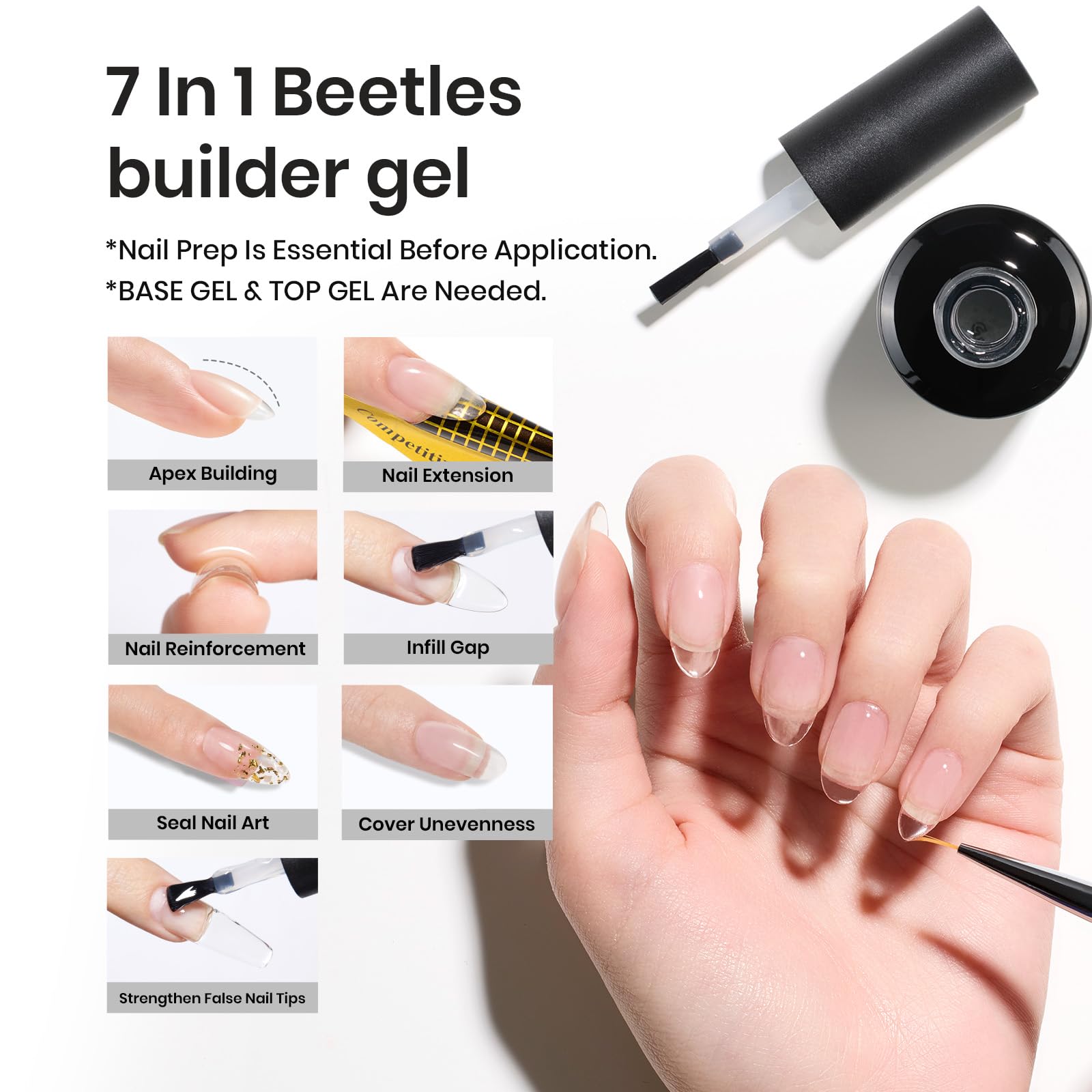 Beetles Builder Gel 2Pcs Clear Builder Gel For Nails 7 In 1 15Ml Nail Thickening Set With Liner Brush Extension Nail Gel For Nai