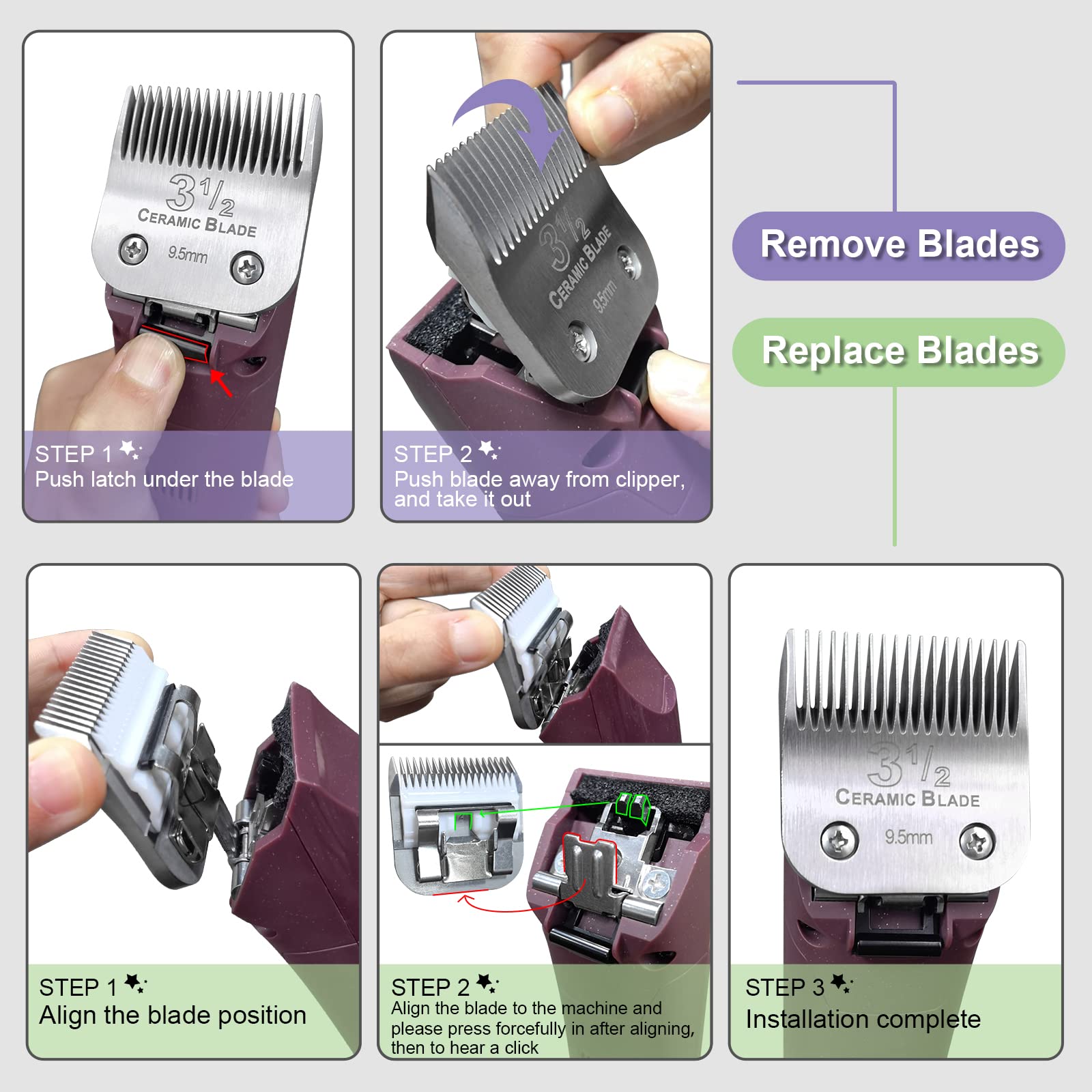 5 Pack Professional Detachable Replacement Blades set,Size(1-1/2+#2+3-1/2+3-3/4+T Outliners)Cut Length 0.1mm to 13mm,compatible
