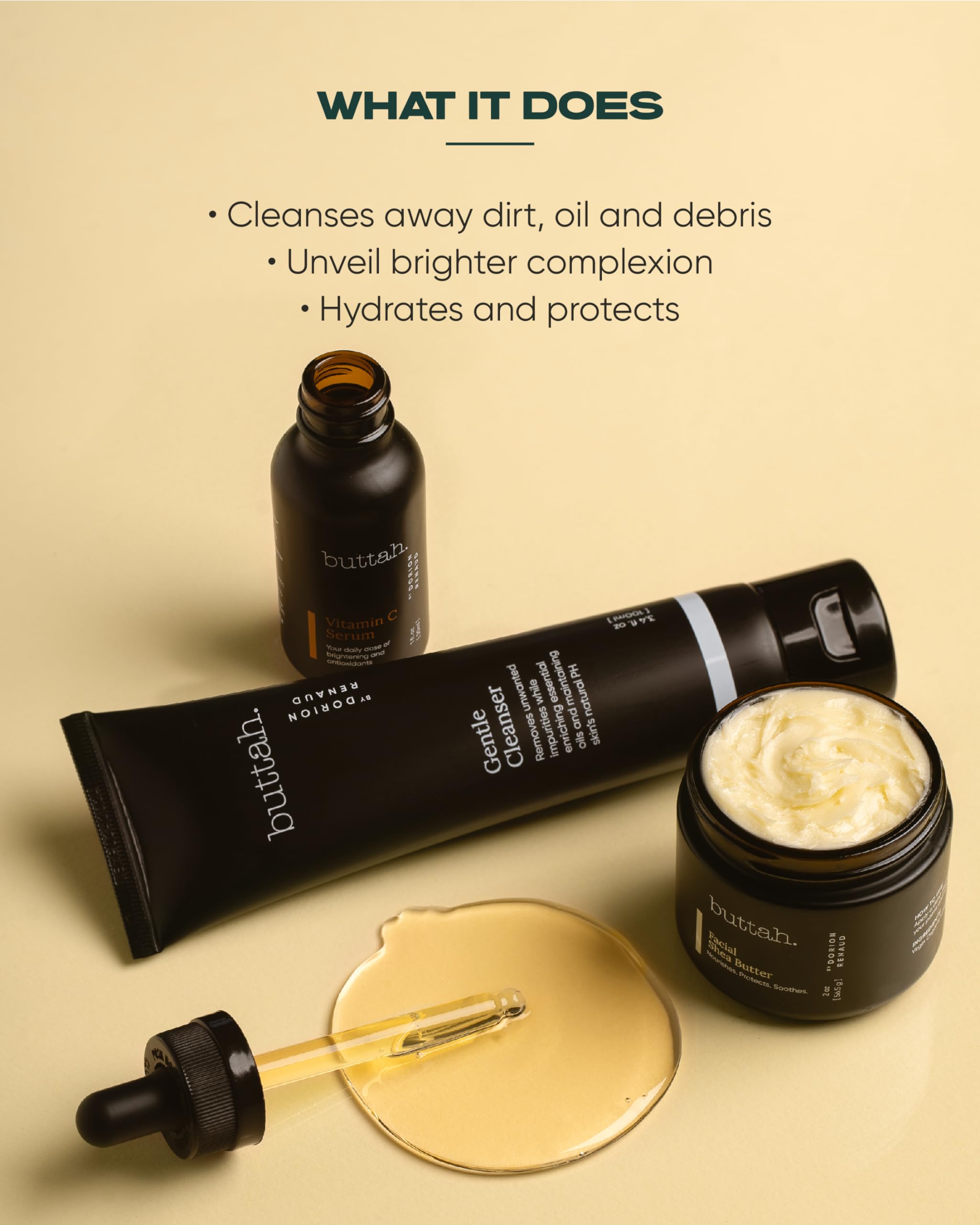Buttah Skin Transforming Kit For Melanin Rich Skin | Cocoshea Revitalizing Cream 2 Oz | Vitamin C Serum 1 Oz | Buttah Cleanser 3