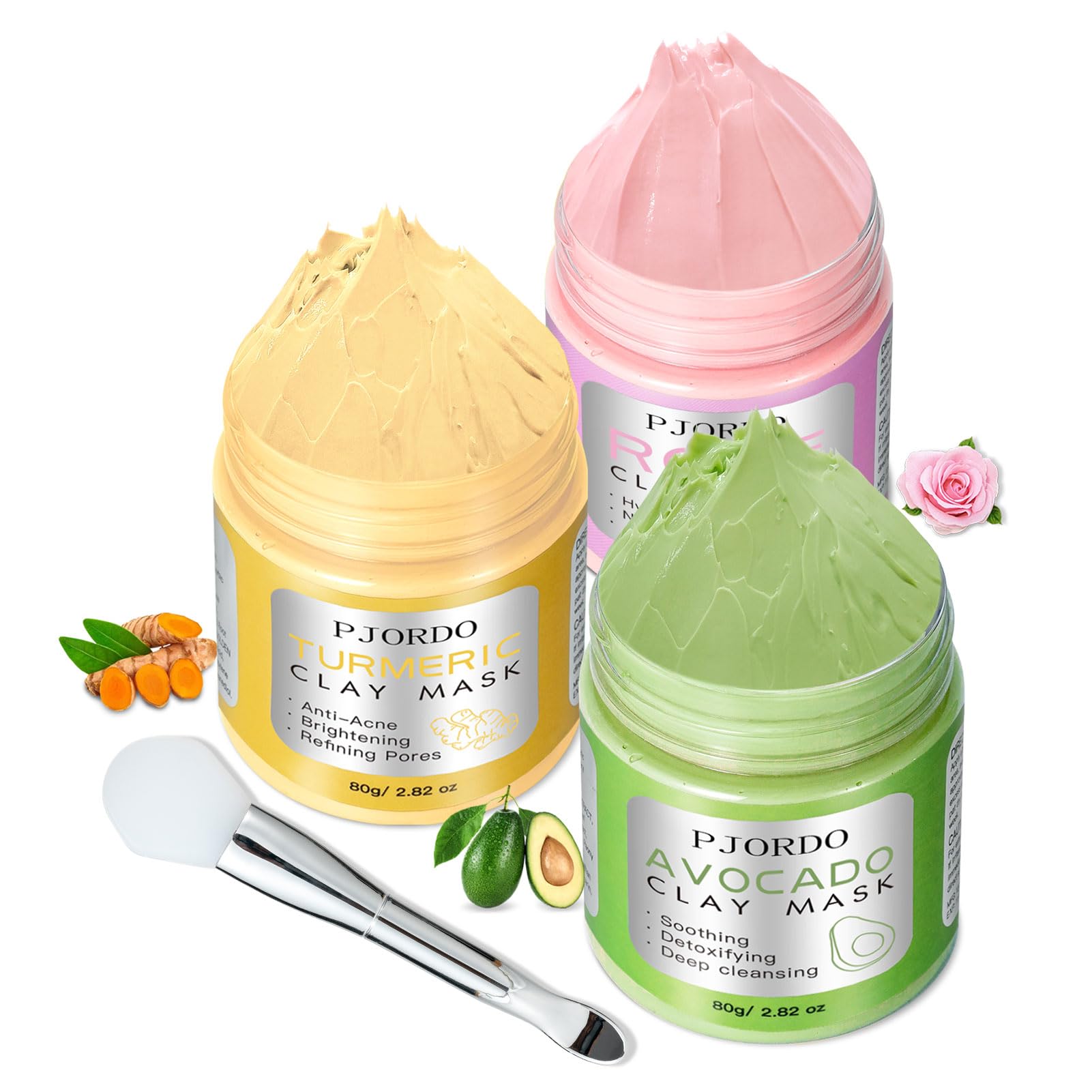 Pjordo Clay Mask Kit, Turmeric Vitamin C Clay Mask, Avocado Clay Mask, Rose Clay Mask, Facial Mask Skin Care Set for Deep Cleans