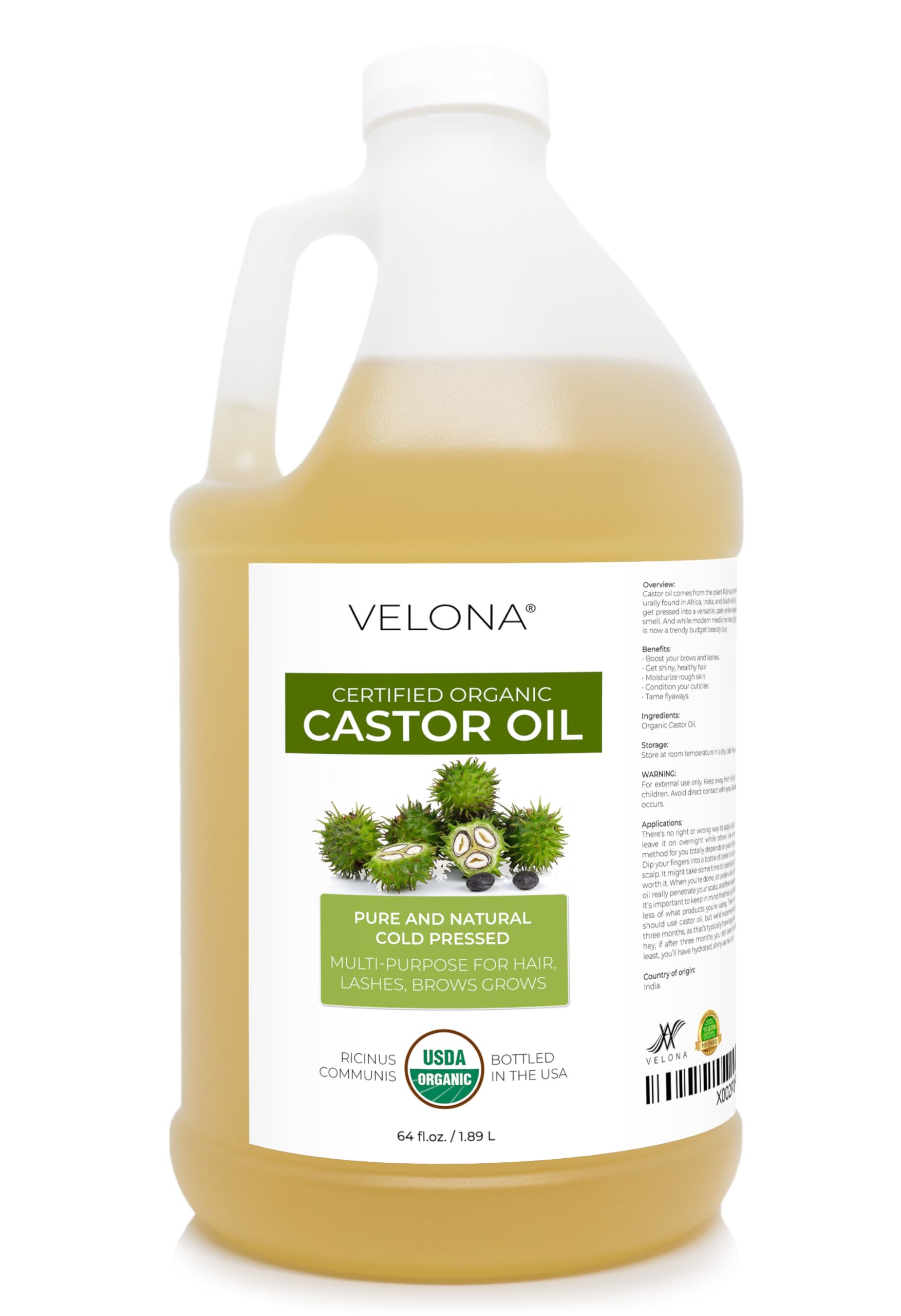 velona USDA Certified Organic Castor Oil - 64 fl oz | For Hair, Boost Eyelashes, Eyebrows | Cold pressed, Natural Oil, USP Grade