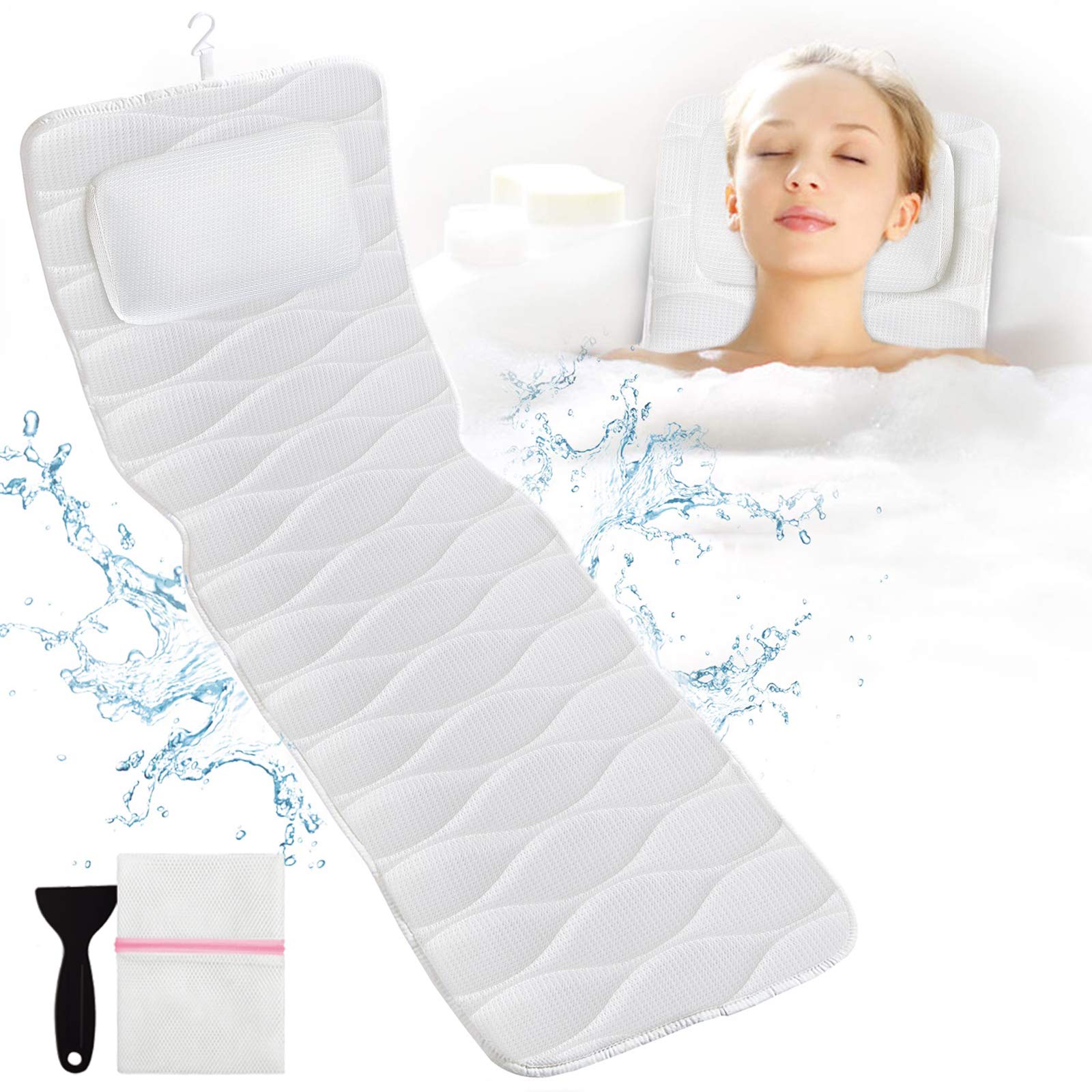Full Body Bath Pillow, Bath Pillows For Tub With Mesh Washing Bag & 21 Non-Slip Suction Cups, Spa Bathtub Pillow For Head Neck S