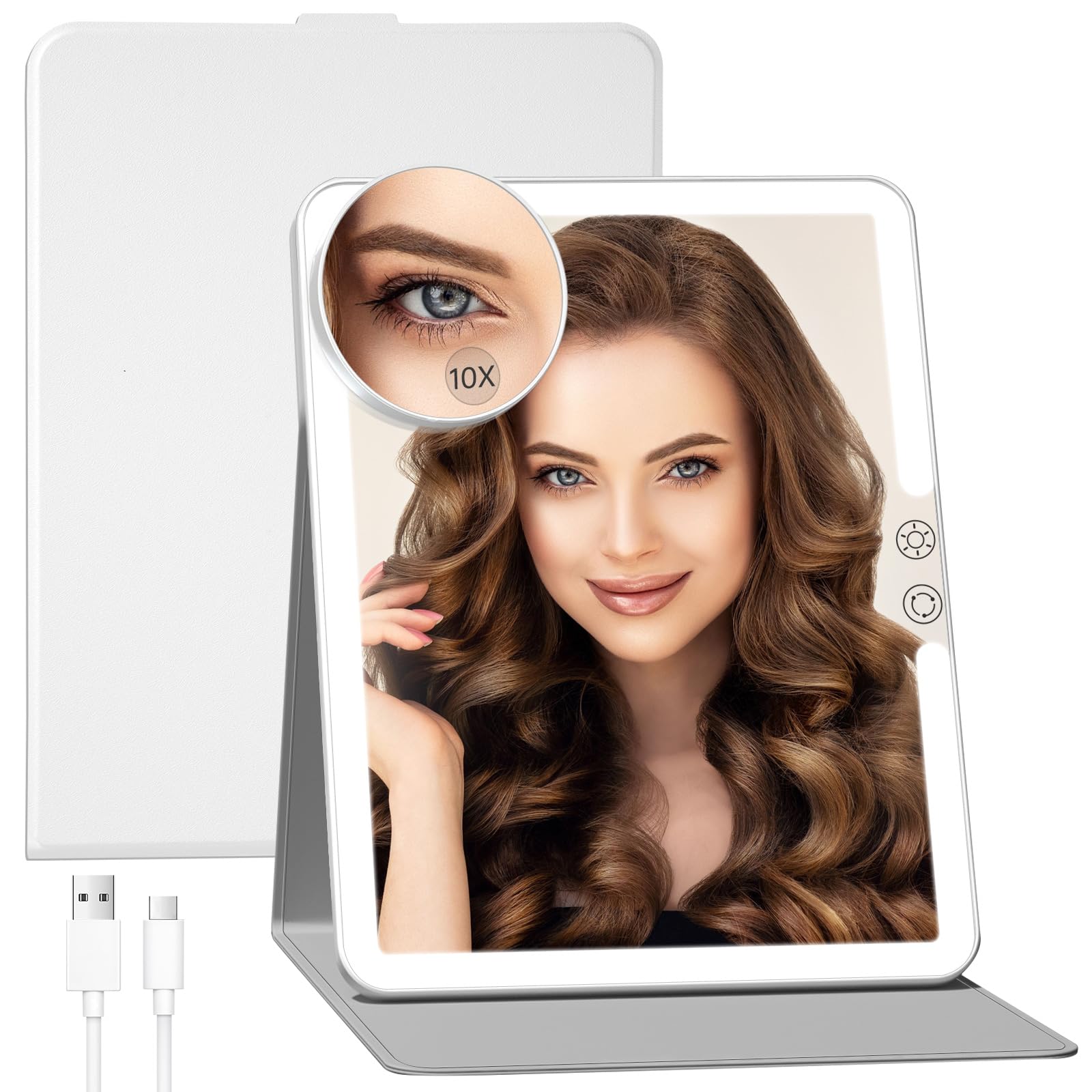 FUNTOUCH 2500mAh Large Rechargeable Travel Makeup Mirror with Light, Portable Makeup Mirror with 10X Magnifying Mirror, 3 Lighti