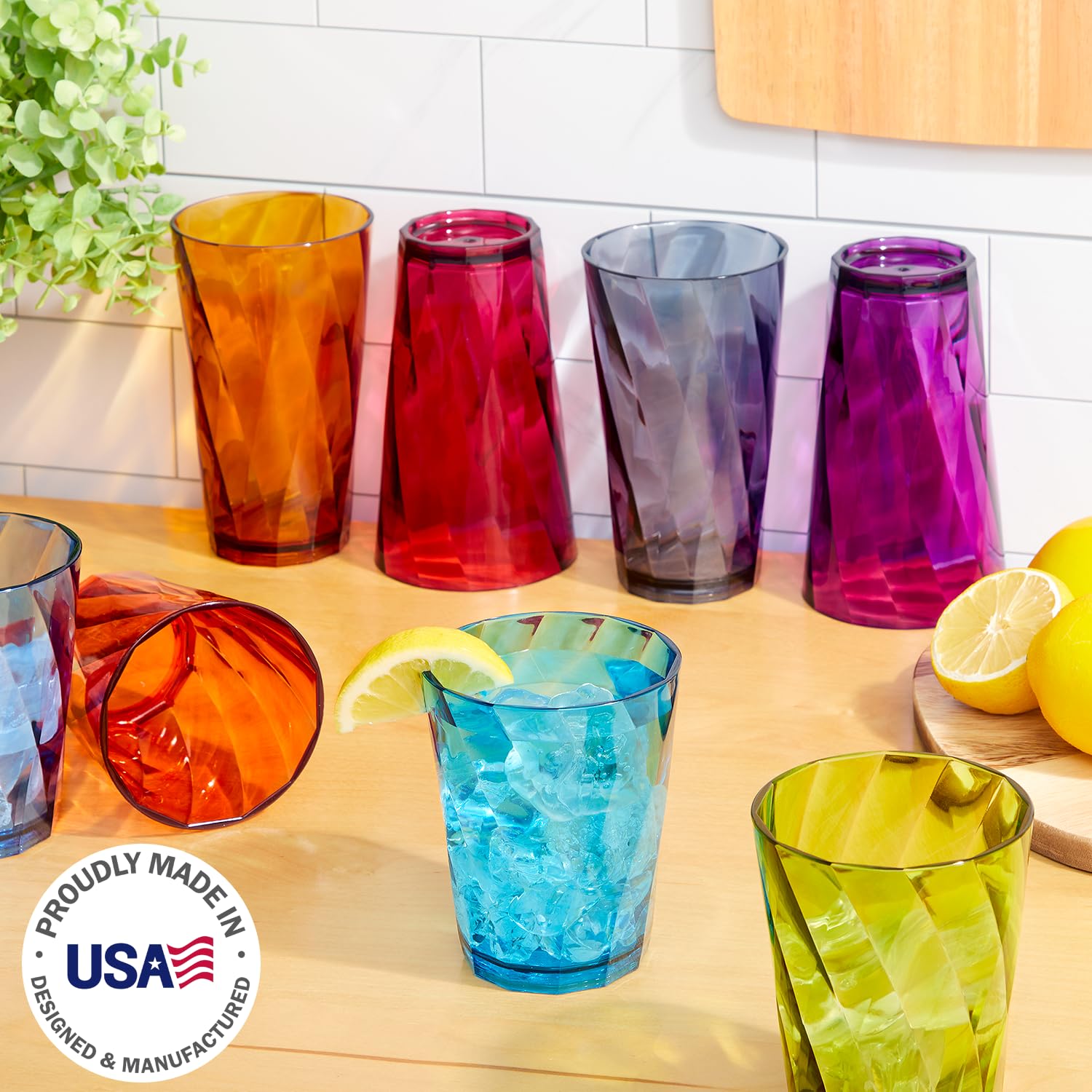 Us Acrylic Optix 16-Piece Plastic Stackable Tumblers In Jewel Tone Colors 8 Each: 14-Ounce Rocks And 20-Ounce Water Drinking Cup