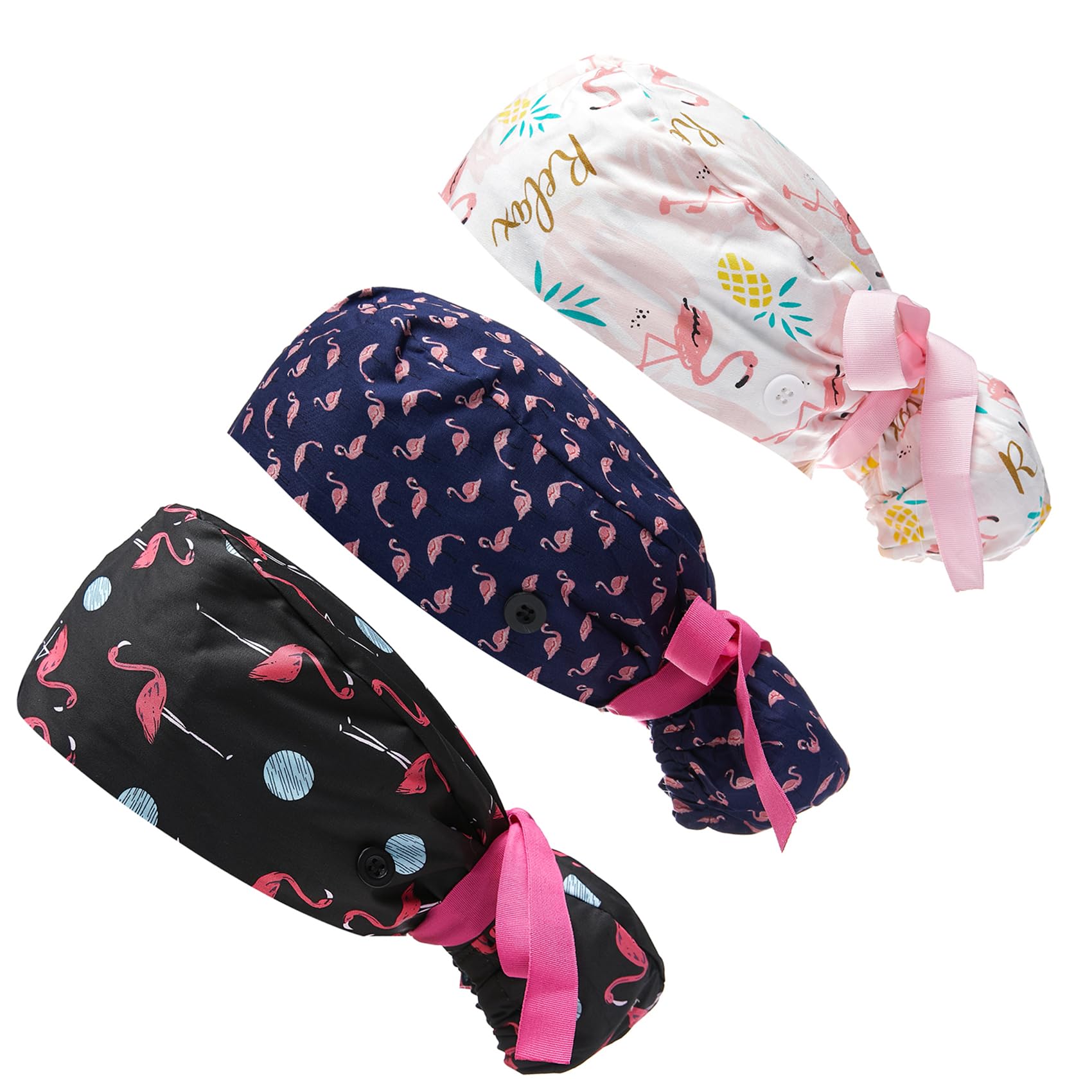 Scrub Cap Long Hair Ponytail Nursing Buttons Chemo Hats Cancer Headwear Head Scarfs Nurse Hat for Women Working Cap with Sweatba