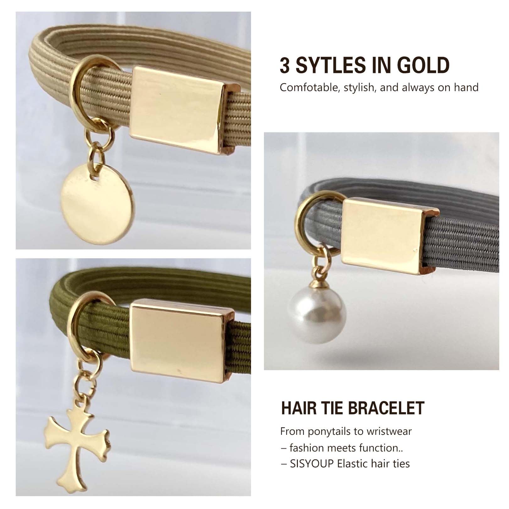 Hair Ties No Damage For Thick Curly Hair, 8Mm Thick Hair Tie Bracelets For Women With Gold Charm Cute Ponytail Holders Accessori