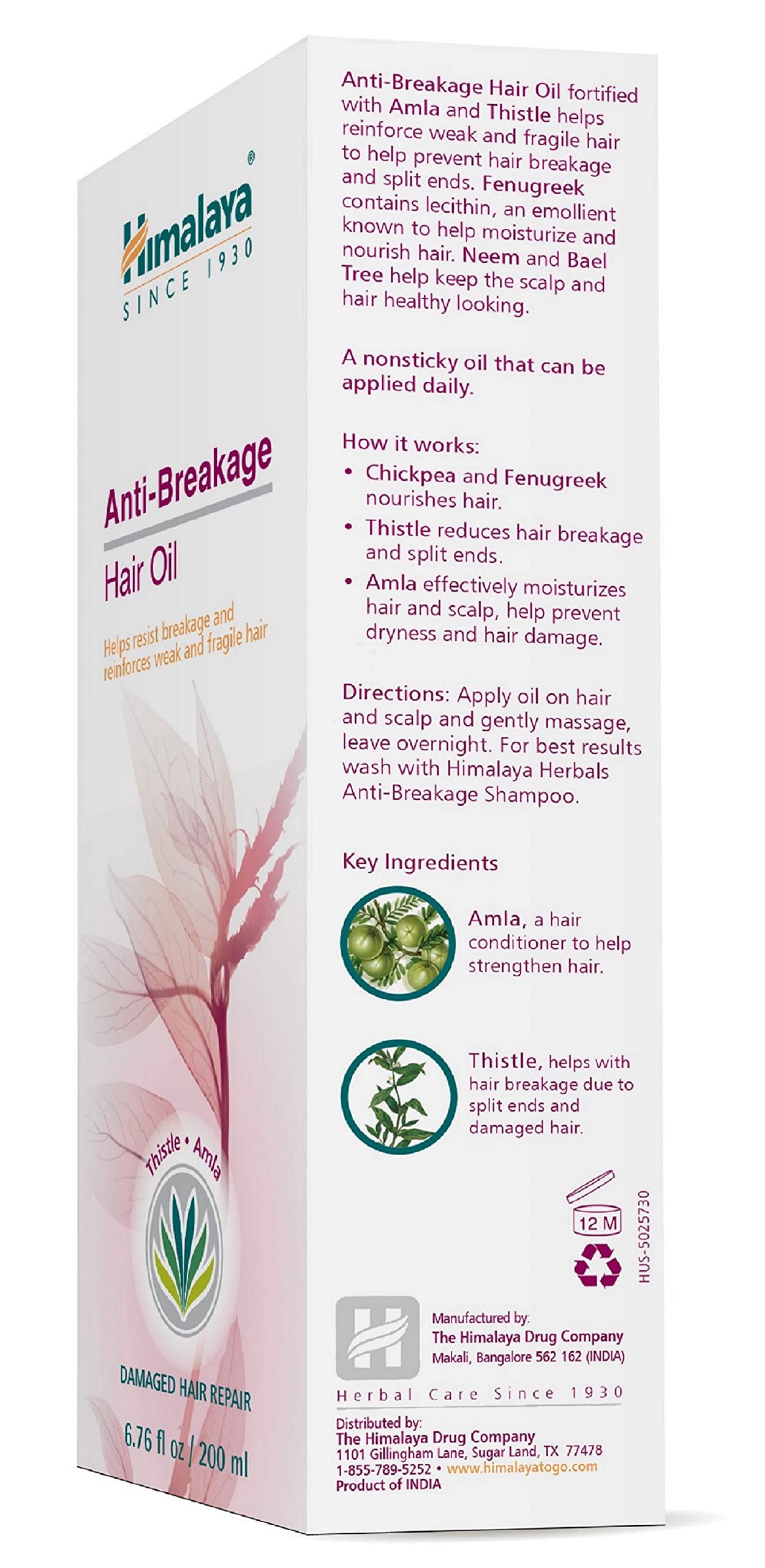 Himalaya Anti-Breakage Hair Oil with Thistle and Amla for Damaged Hair and Split Ends 6.76 oz (200 ml)